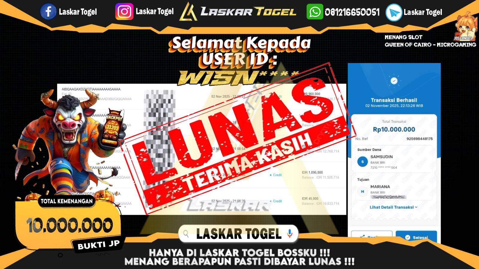 LASKARTOGEL JACKPOT SLOT QUEEN OF CAIRO Rp.10.000.000,- LUNAS