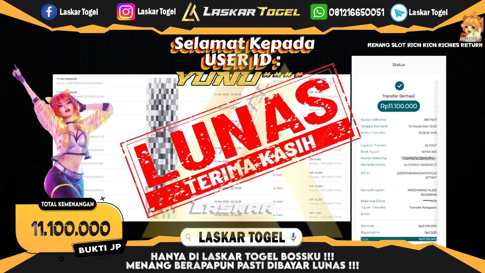 LASKARTOGEL JACKPOT SLOT RICH RICH RICHES RETURN Rp.11.100.000,- LUNAS