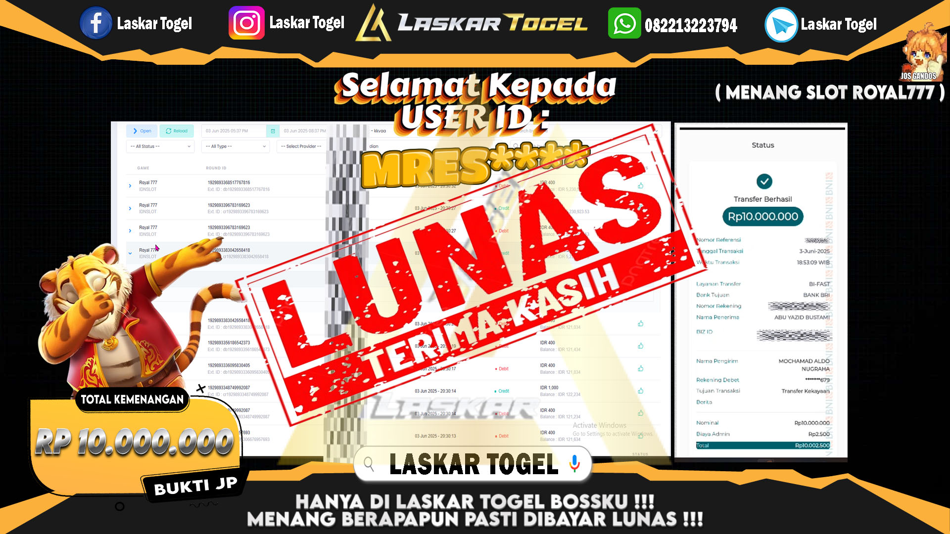 LASKARTOGEL JACKPOT SLOT ROYAL777 Rp.10.000.000.,- LUNAS