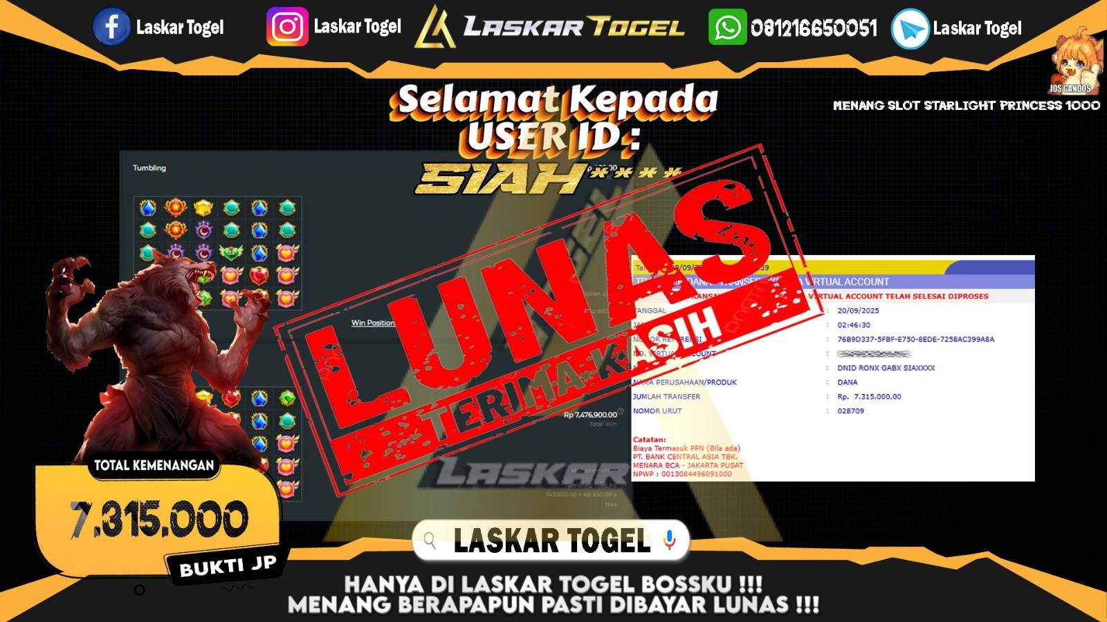 LASKARTOGEL JACKPOT SLOT STARLIGHT PRINCESS 1000 Rp.7.315.000,- LUNAS