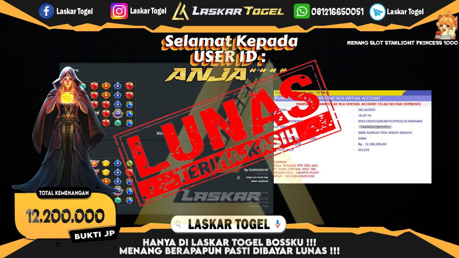 LASKARTOGEL JACKPOT SLOT STARLIGHT PRINCESS 1000 Rp.12.200.000,- LUNAS