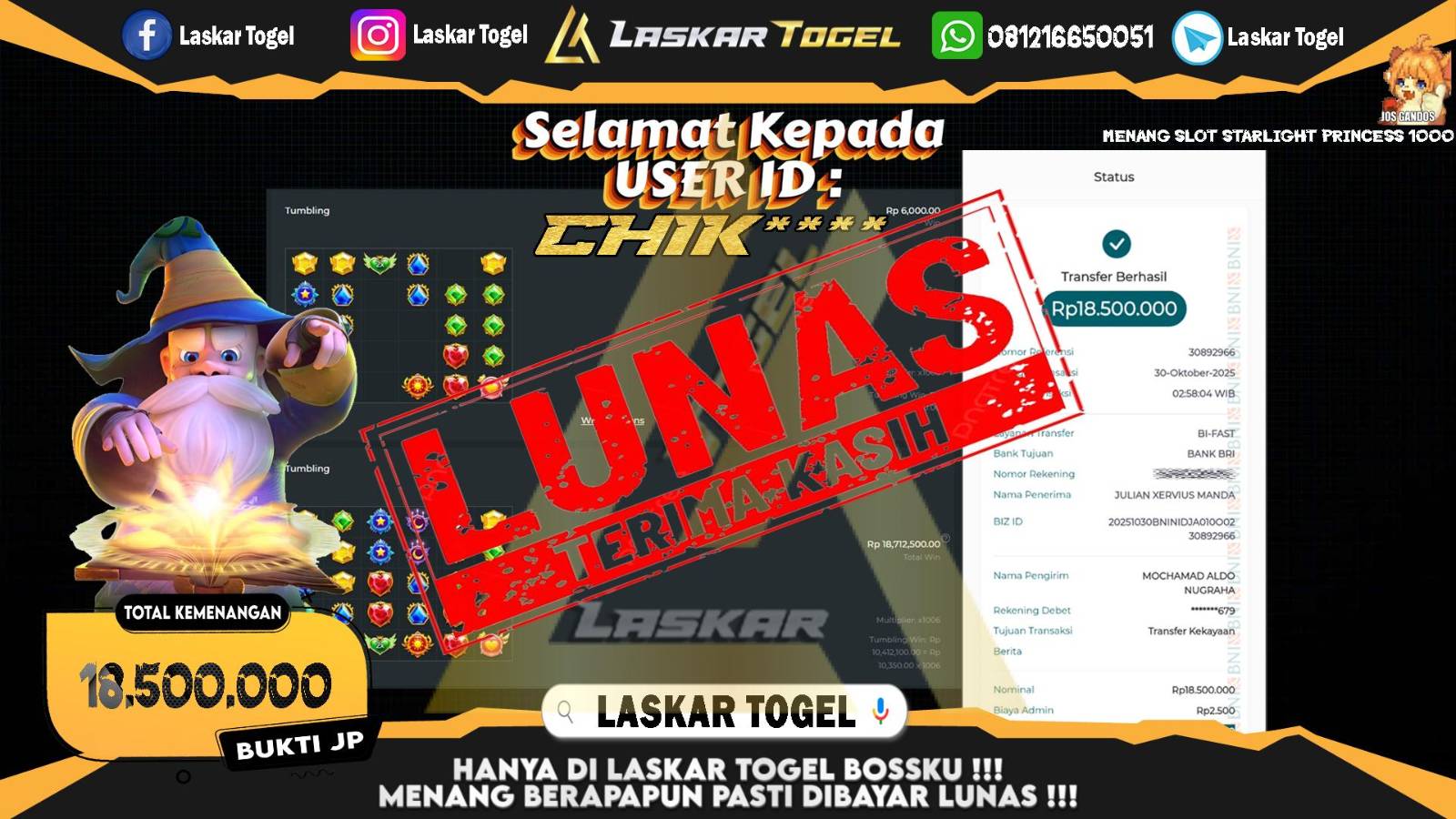 LASKARTOGEL JACKPOT SLOT STARLIGHT PRINCESS 1000 Rp.18.500.000,- LUNAS