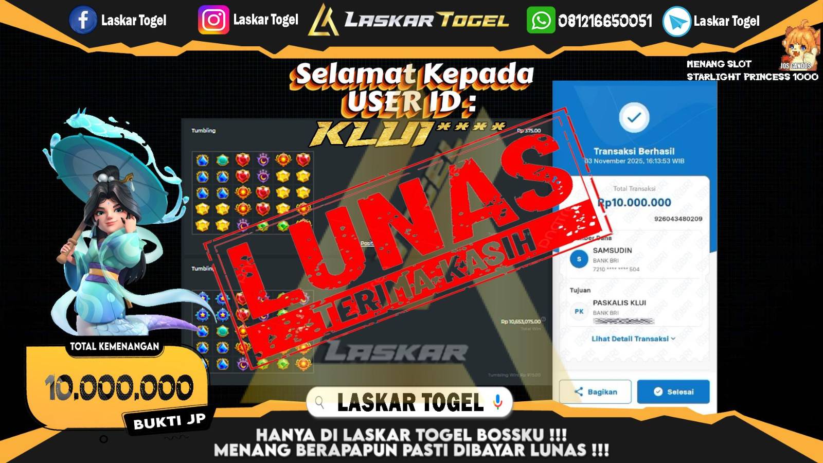 LASKARTOGEL JACKPOT SLOT STARLIGHT PRINCESS 1000 Rp.10.000.000,- LUNAS