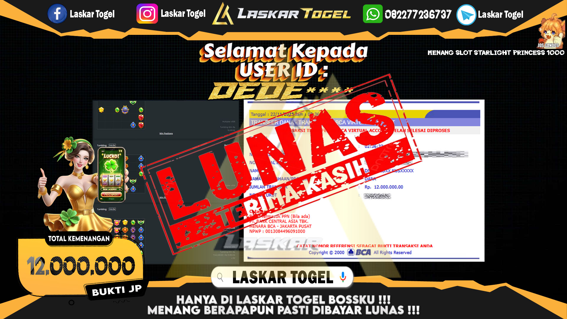 LASKARTOGEL JACKPOT SLOT STARLIGHT PRINCESS 1000 Rp.12.000.000,- LUNAS