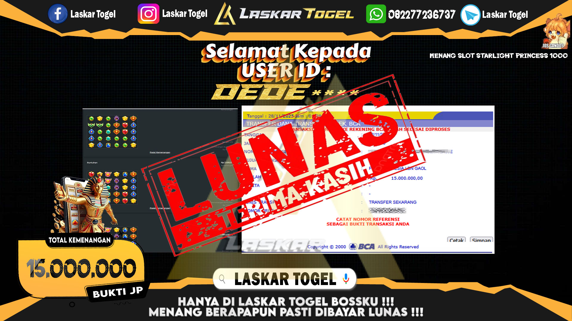 LASKARTOGEL JACKPOT SLOT STARLIGHT PRINCESS 1000 Rp.15.000.000,- LUNAS