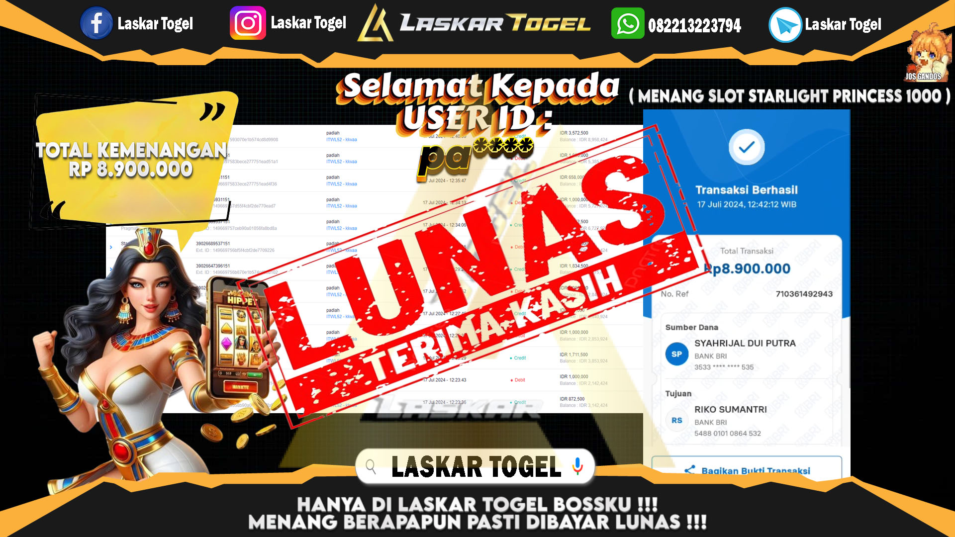 LASKARTOGEL JACKPOT  SLOT STARLIGHT PRINCESS 1000 Rp.8.900.000.,- LUNAS