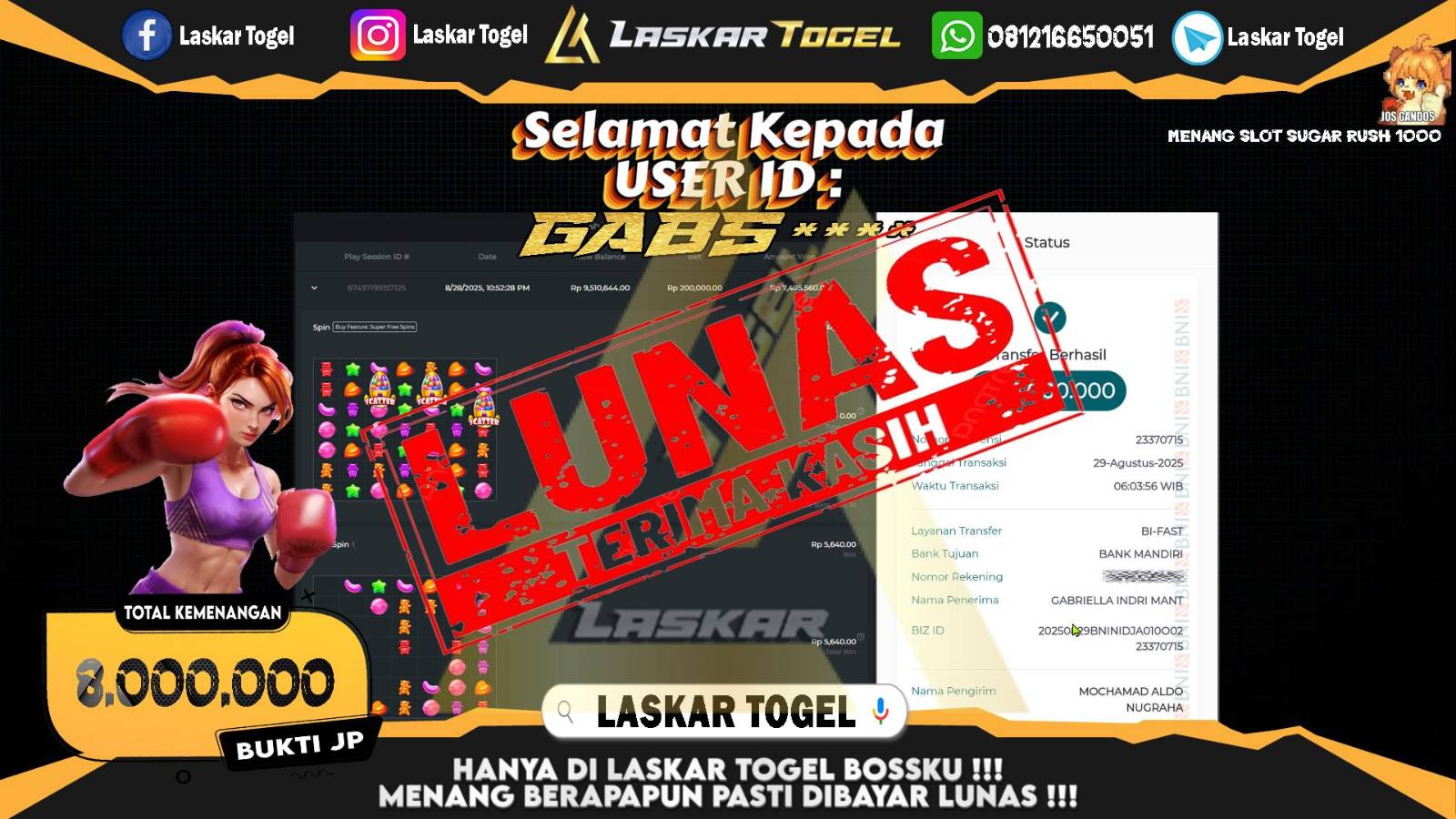 LASKARTOGEL JACKPOT SLOT SUGAR RUSH 1000 Rp.8.000.000,- LUNAS