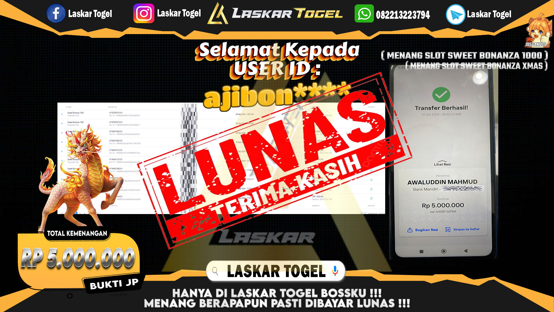 LASKARTOGEL JACKPOT SLOT SWEET BONANZA 1000 & SLOT SWEET XMAS Rp.5.000.000.,- LUNAS