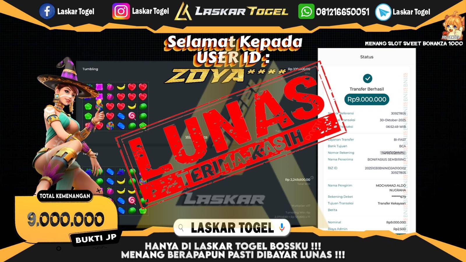 LASKARTOGEL JACKPOT SLOT SWEET BONANZA 1000 Rp.9.000.000,- LUNAS