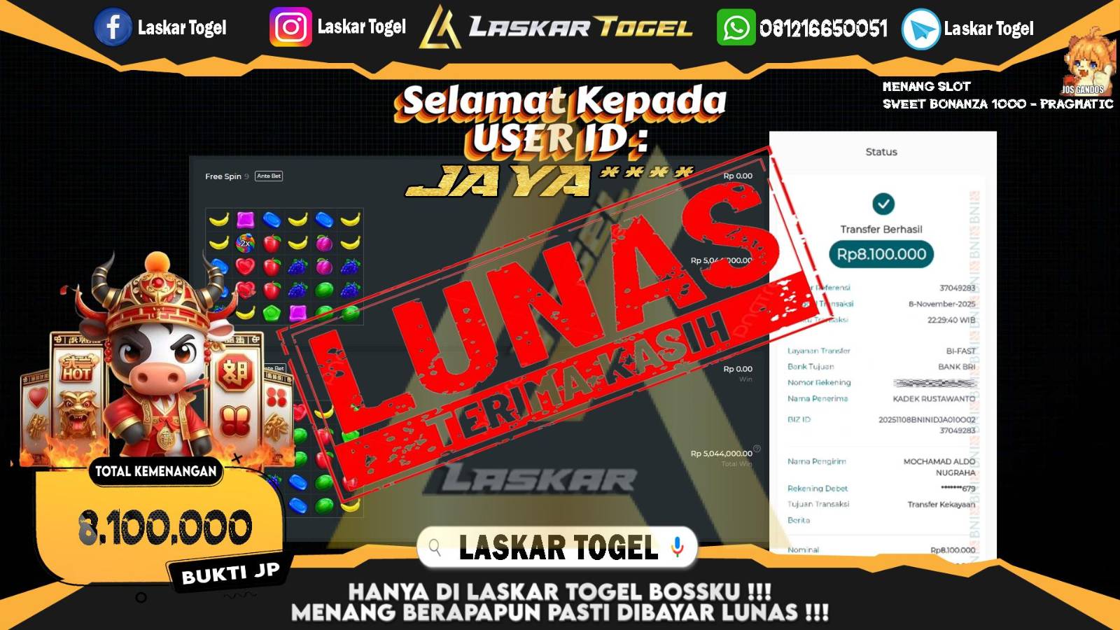 LASKARTOGEL JACKPOT SLOT SWEET BONANZA 1000 Rp.8.100.000,- LUNAS