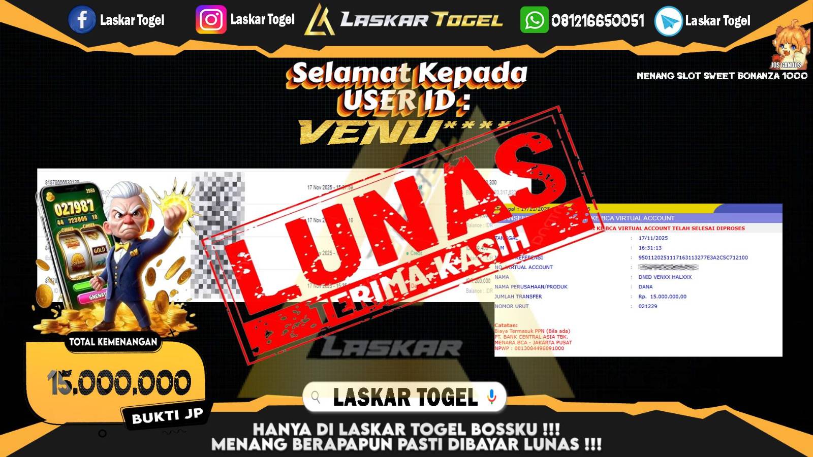 LASKARTOGEL JACKPOT SLOT SWEET BONANZA 1000 Rp.15.000.000,- LUNAS