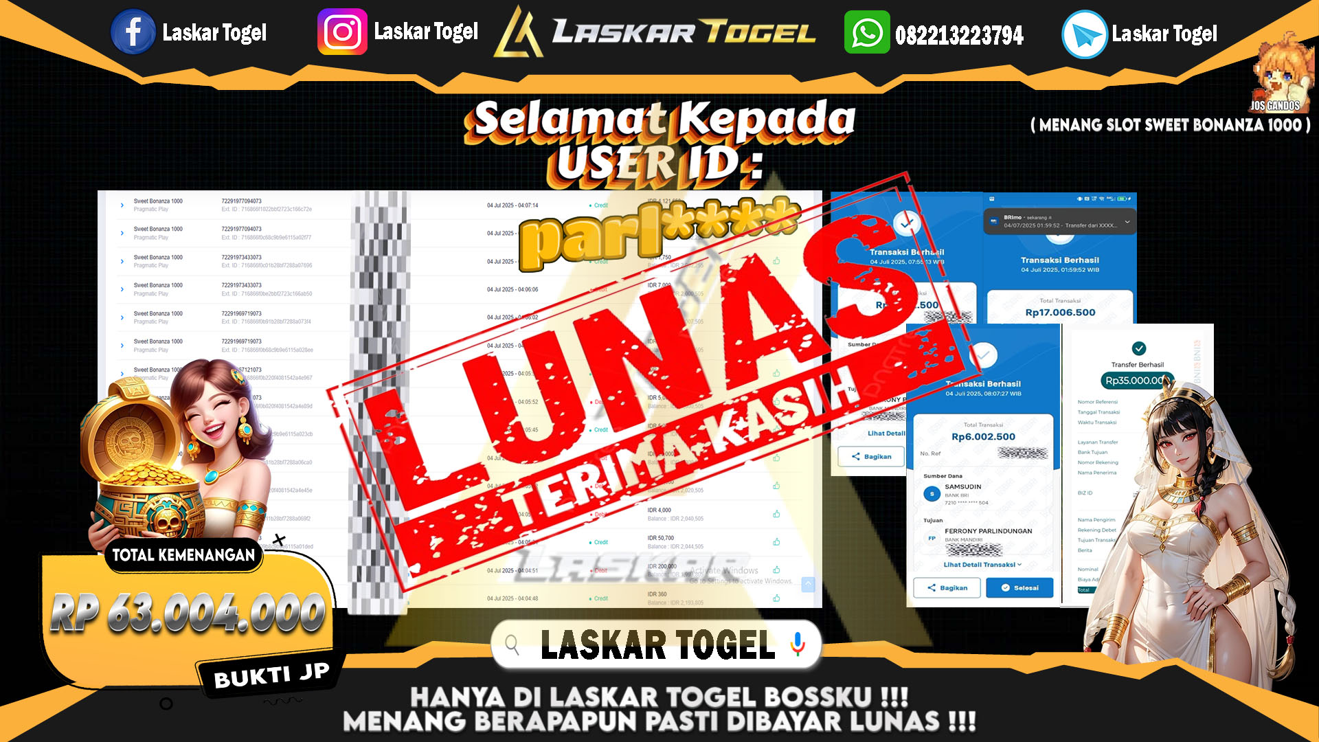 LASKARTOGEL JACKPOT SLOT SWEET BONANZA 1000 Rp.63.004.000.,- LUNAS
