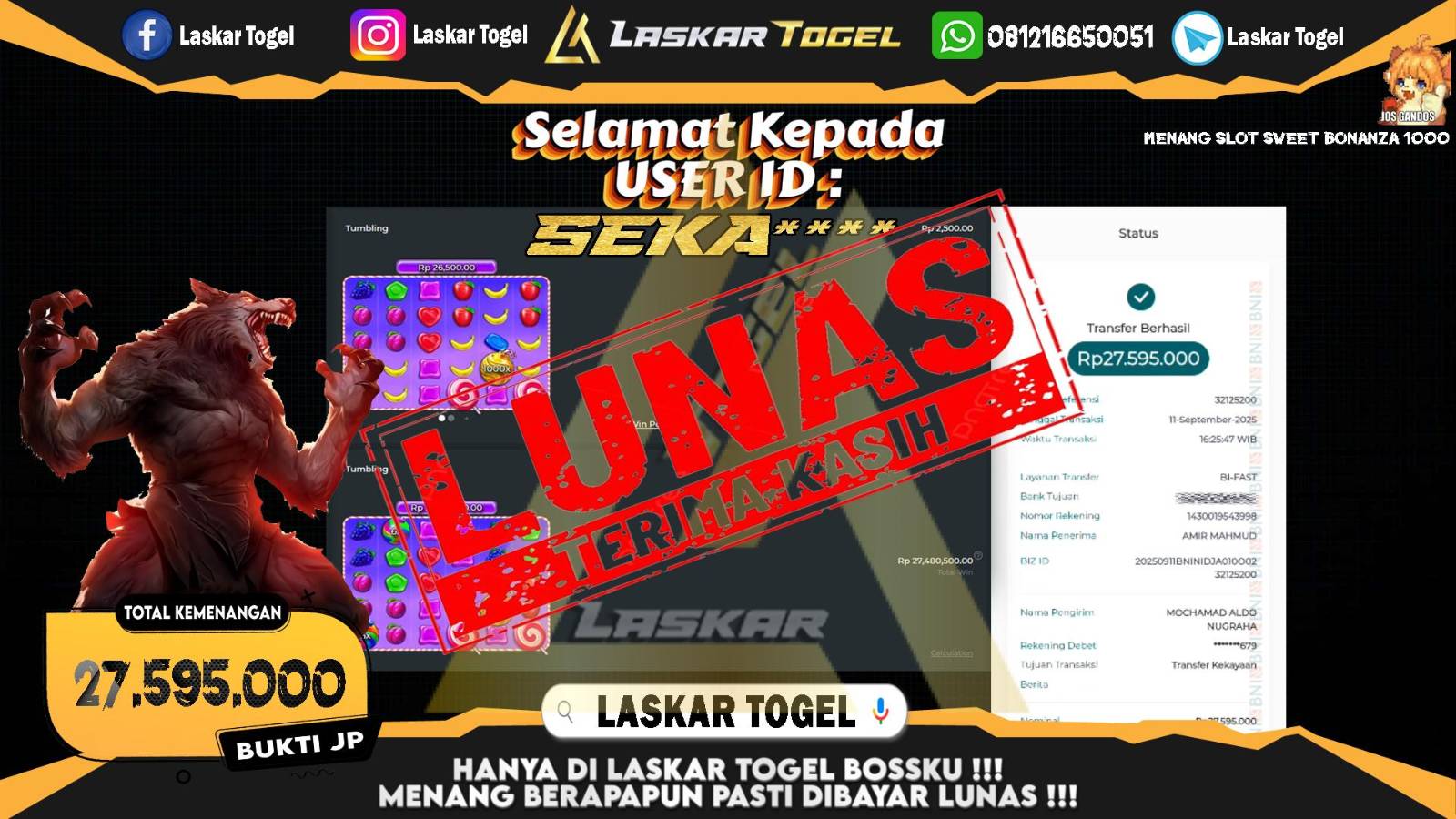 LASKARTOGEL JACKPOT SLOT SWEET BONANZA Rp.27.595.000,- LUNAS