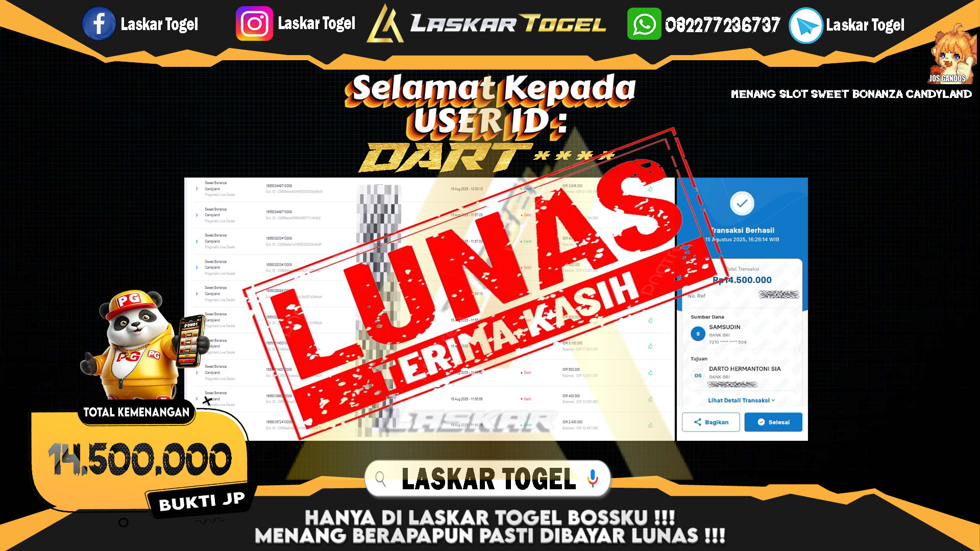 LASKARTOGEL JACKPOT SLOT SWEET BONANZA CANDYLAND Rp.14.500.000.,- LUNAS