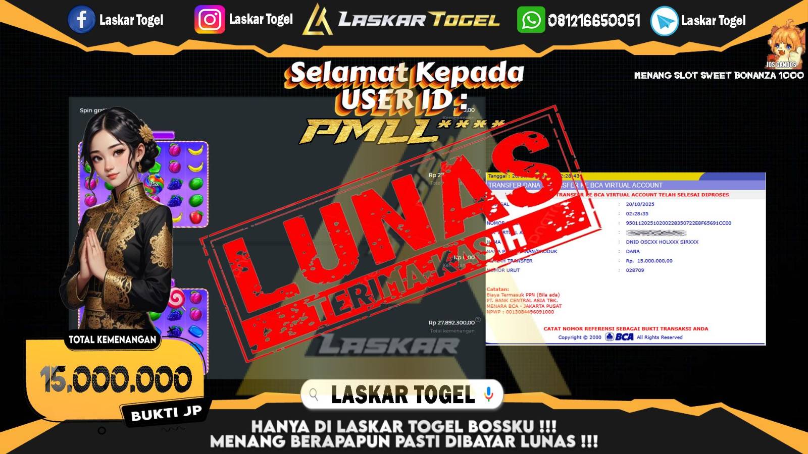 LASKARTOGEL JACKPOT SLOT SWEET BONANZA 1000 Rp.15.000.000,- LUNAS