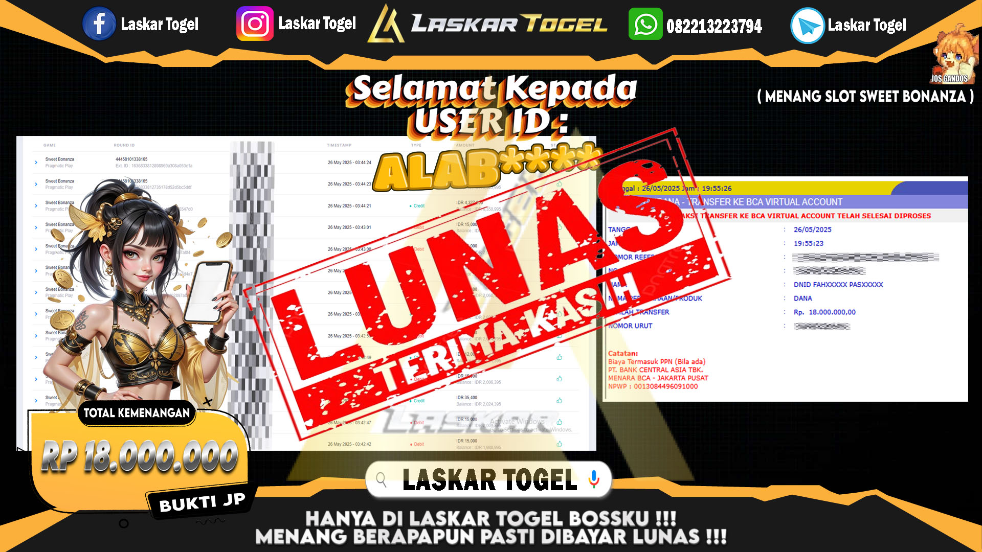 LASKARTOGEL JACKPOT SLOT SWEET BONANZA Rp.18.000.000.,- LUNAS