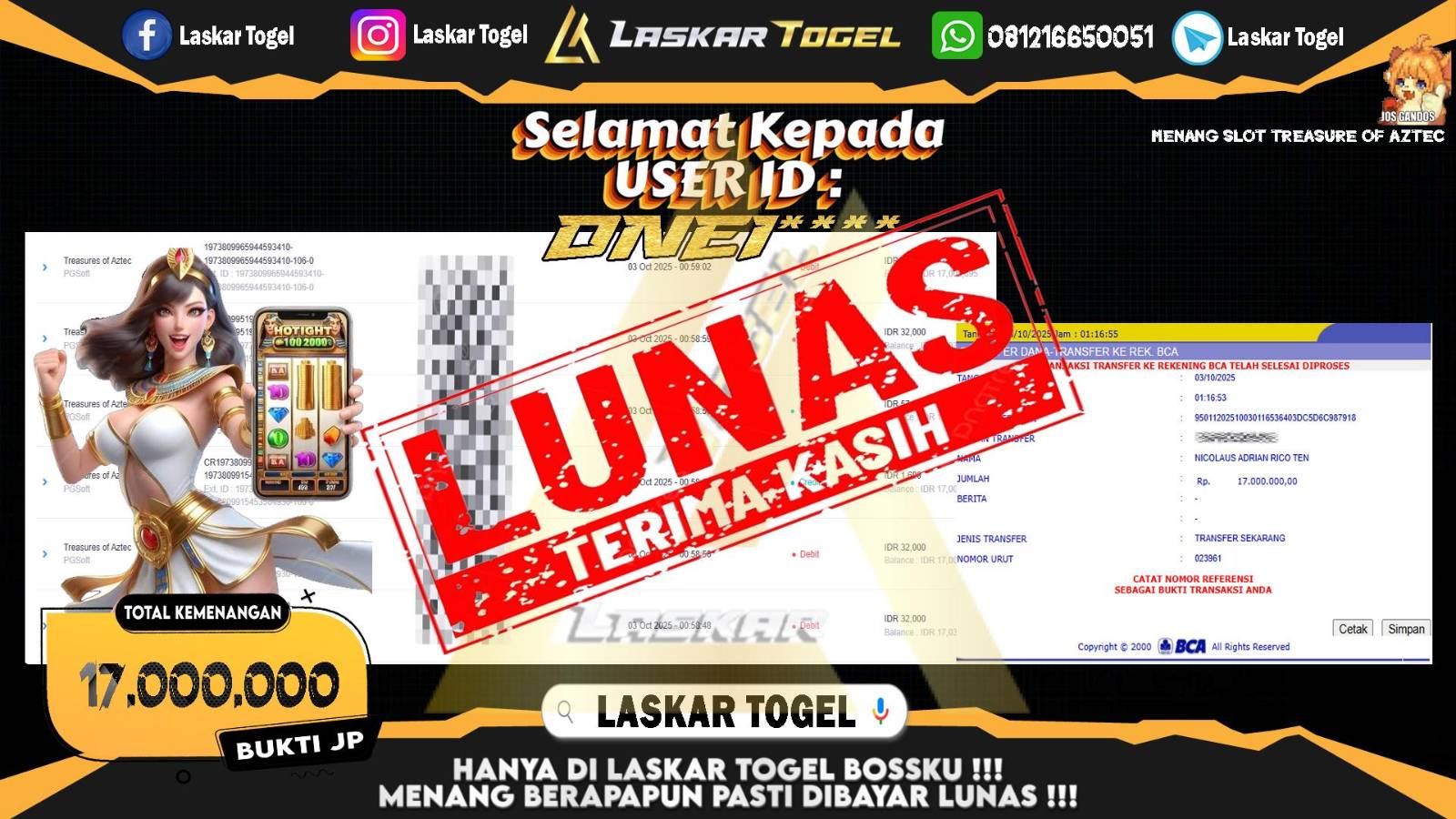 LASKARTOGEL JACKPOT SLOT TREASURE OF AZTEC Rp.17.000.000,- LUNAS