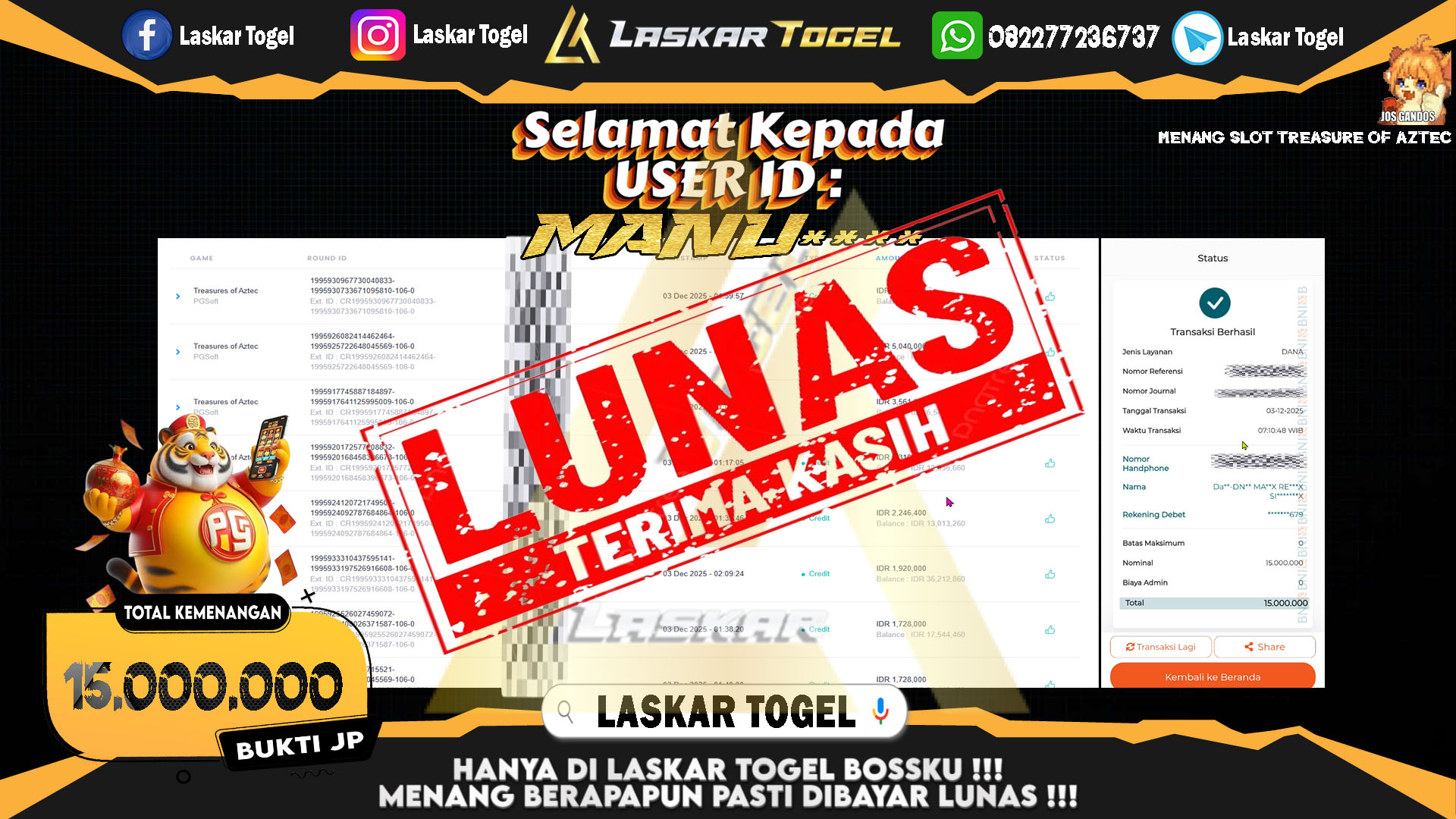 LASKARTOGEL JACKPOT SLOT TREASURE OF AZTEC Rp.15.000.000,- LUNAS