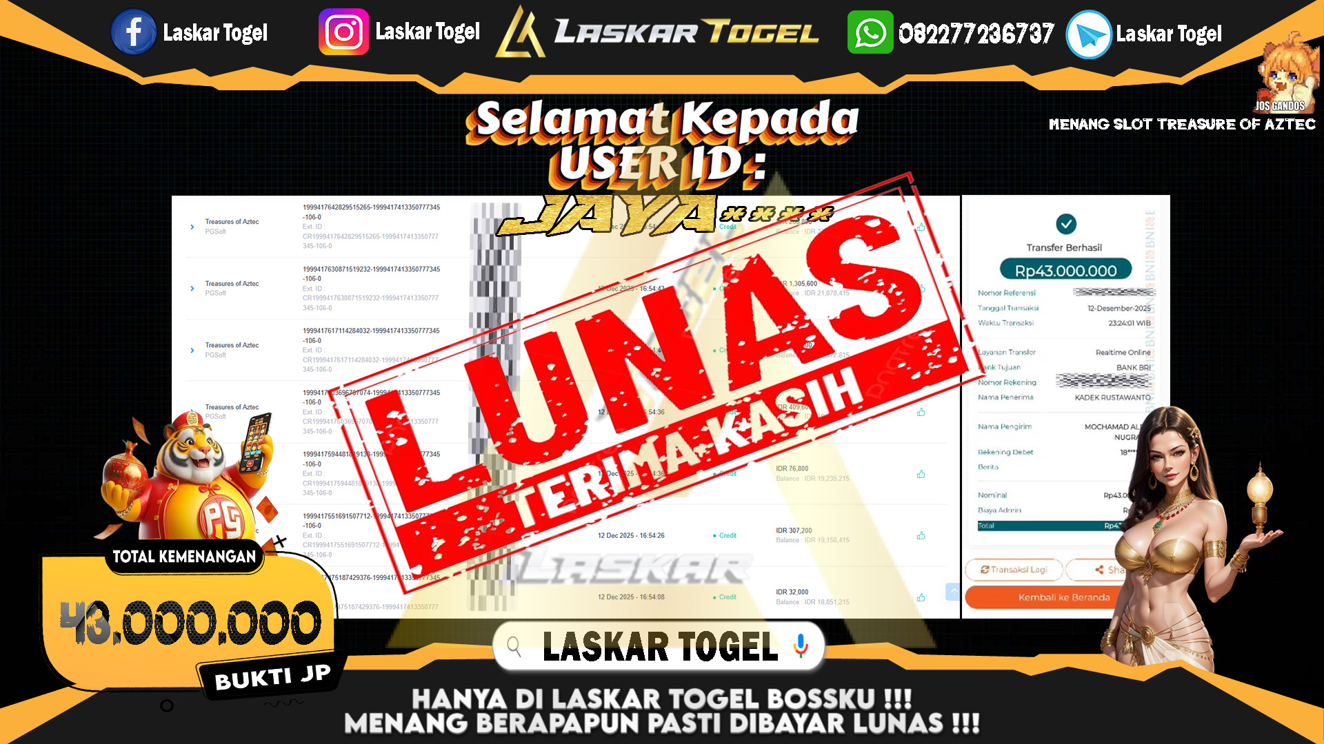 LASKARTOGEL JACKPOT SLOT TREASURE OF AZTEC Rp.43.000.000,- LUNAS