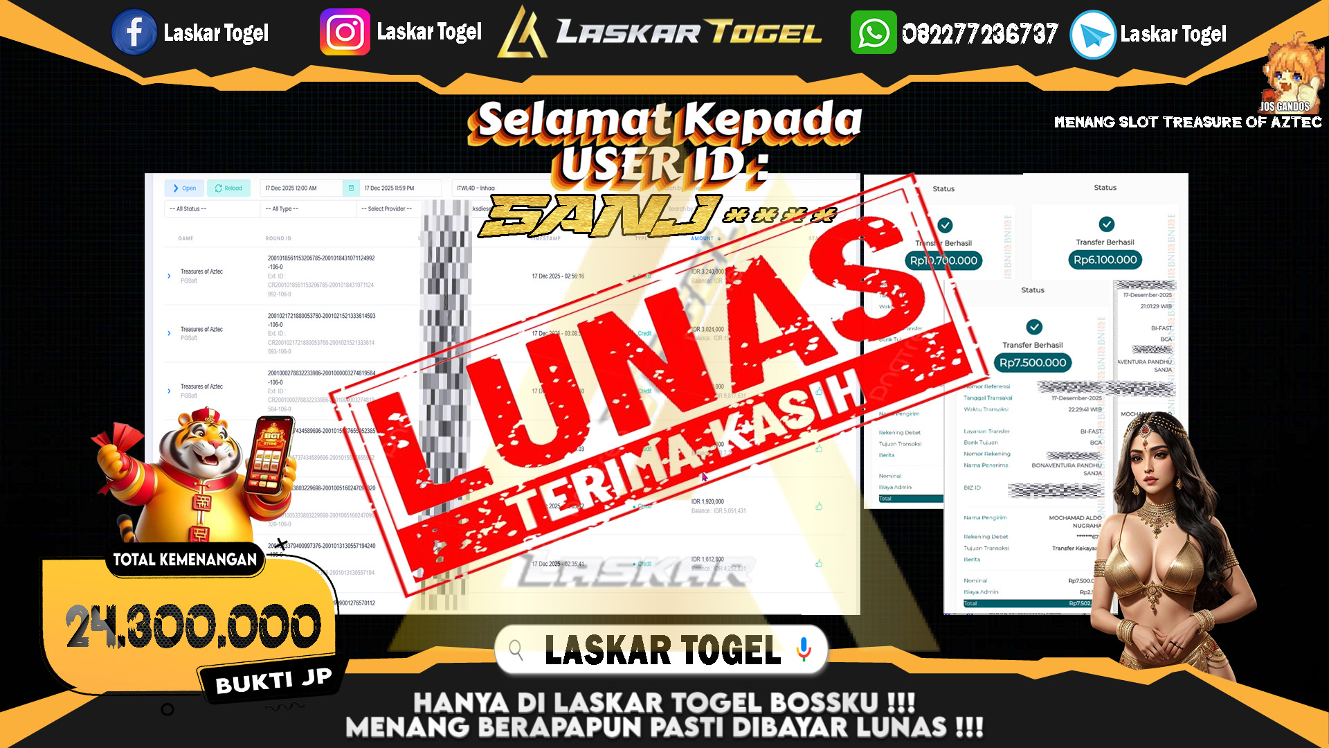 LASKARTOGEL JACKPOT SLOT TREASURE OF AZTEC Rp.24.300.000,- LUNAS