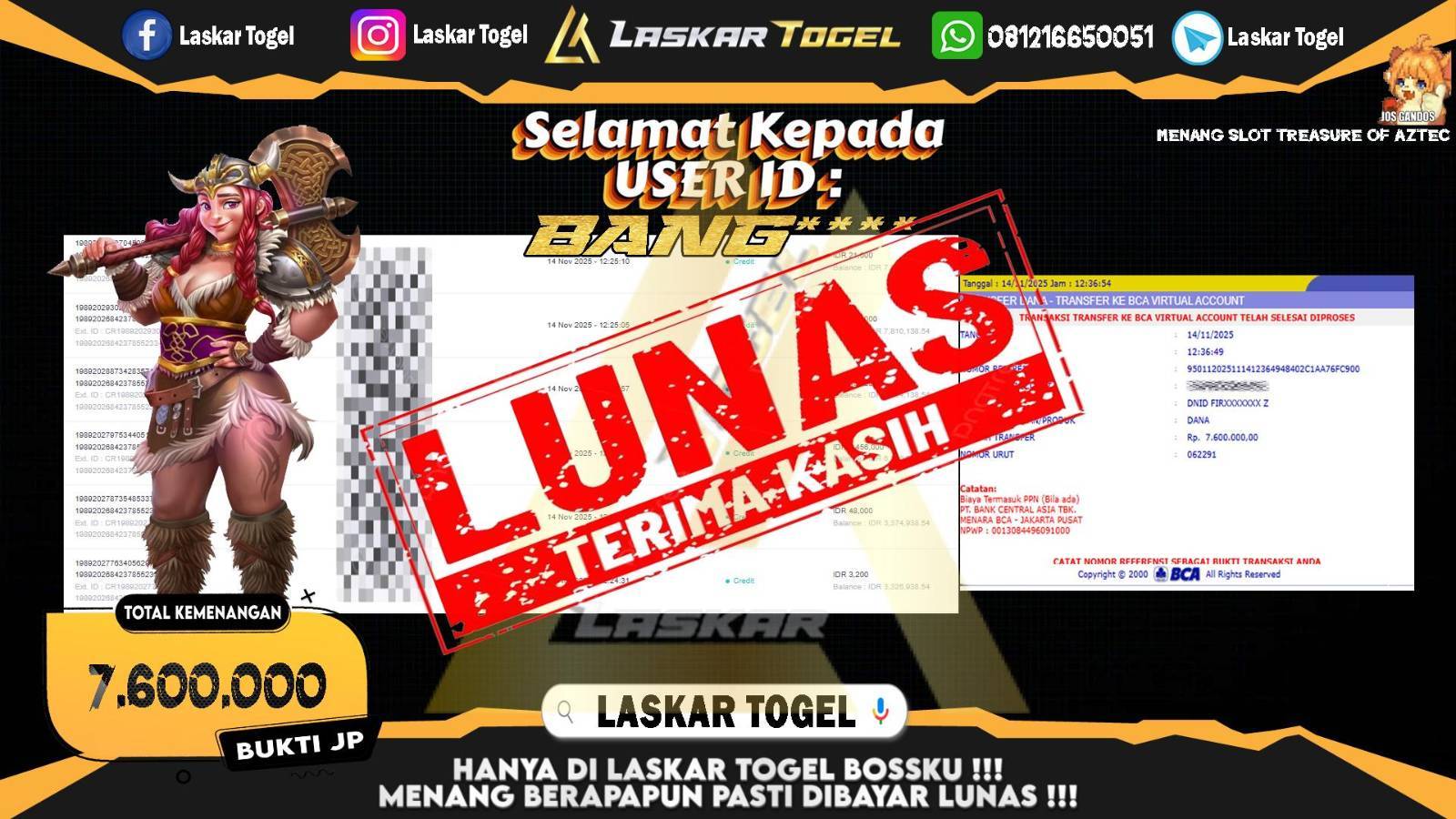 LASKARTOGEL JACKPOT SLOT TREASURE OF AZTEC Rp.7.600.000,- LUNAS