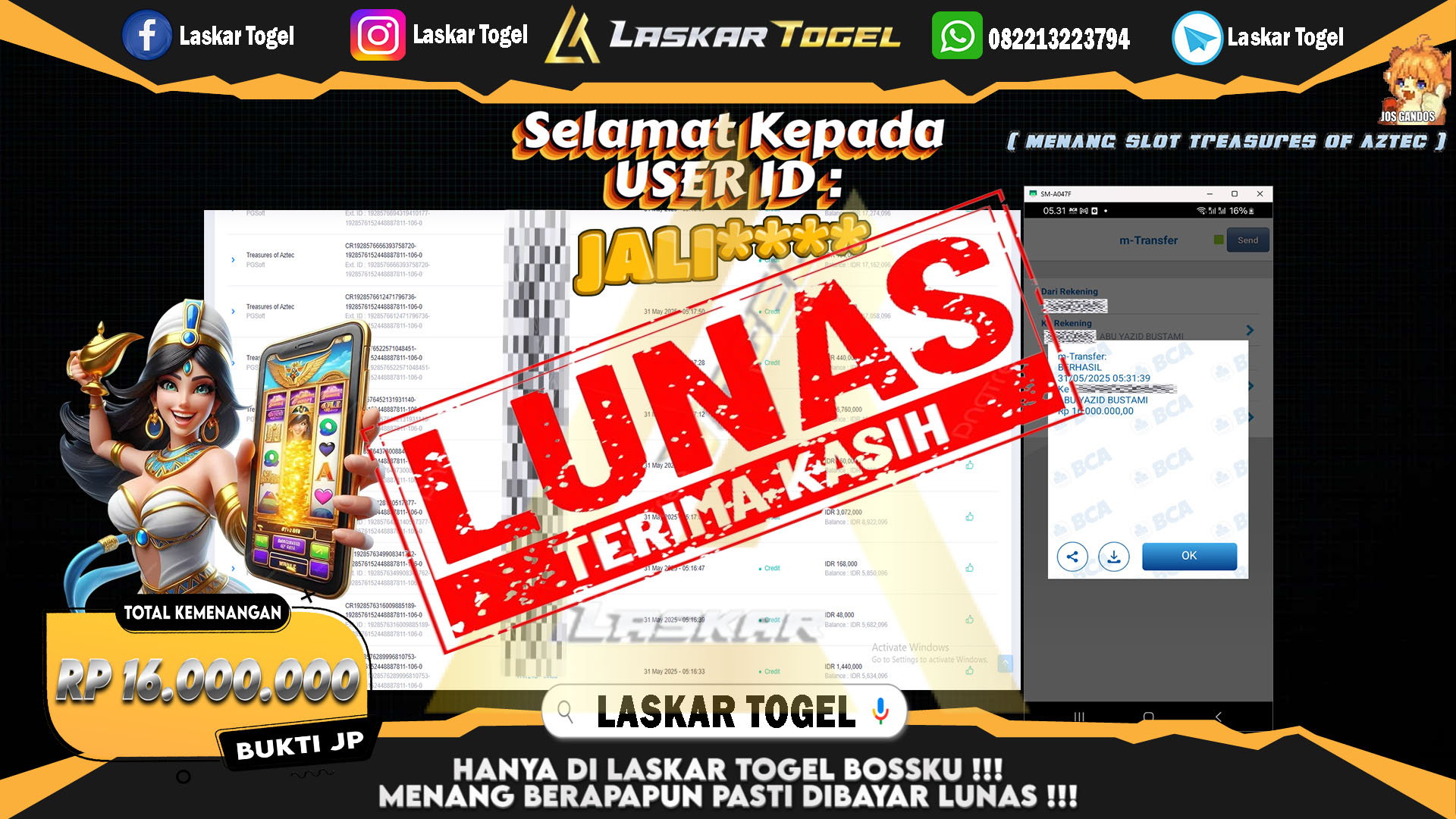 LASKARTOGEL JACKPOT SLOT TREASURE OF AZTEC Rp.16.000.000.,- LUNAS