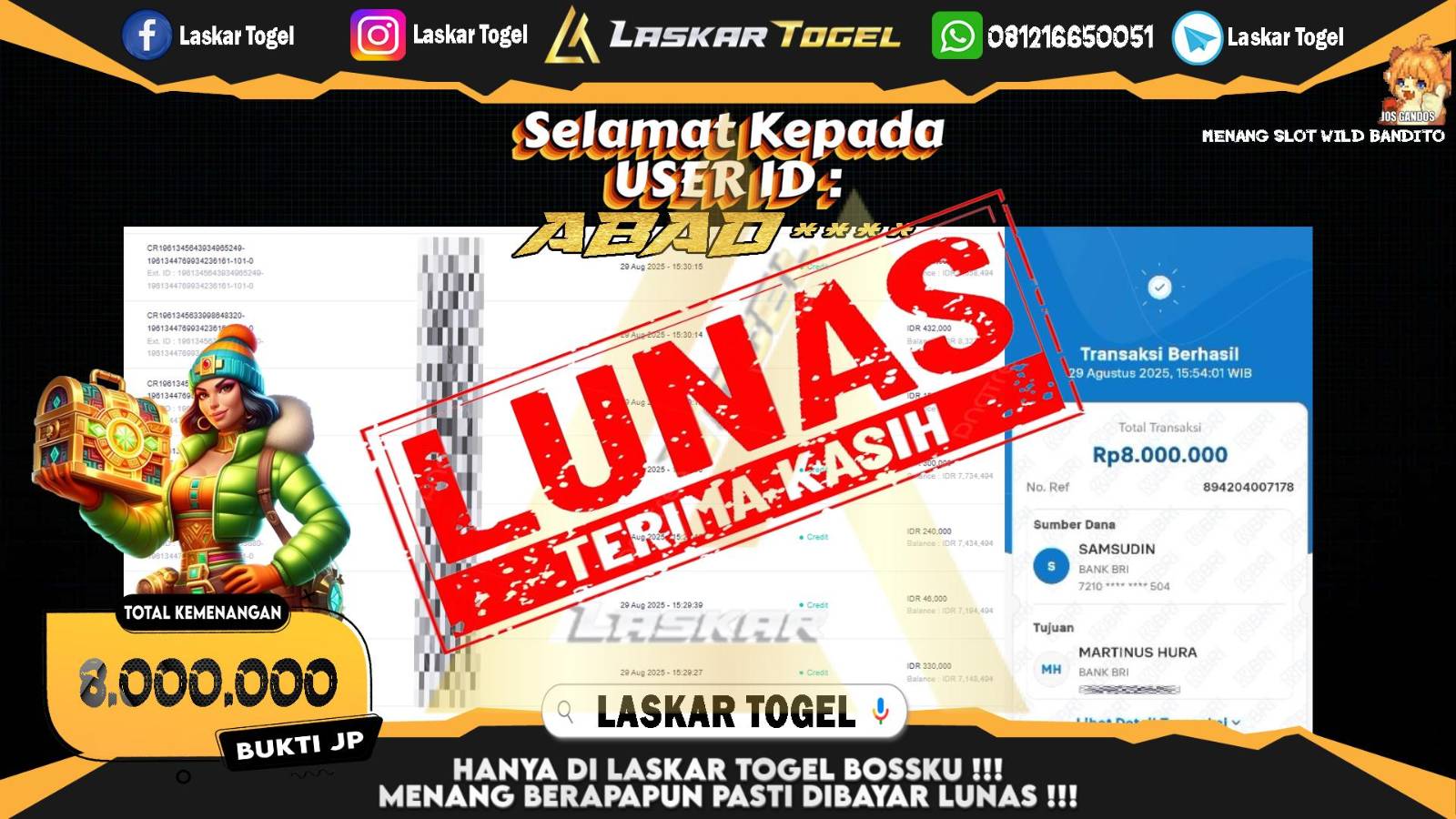 LASKARTOGEL JACKPOT SLOT WILD BANDITO Rp.8.000.000,- LUNAS