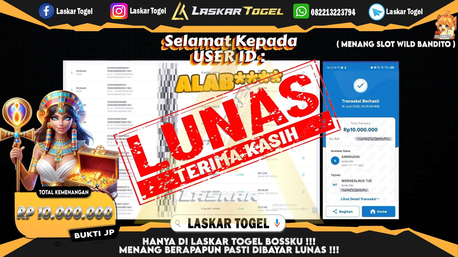 LASKARTOGEL JACKPOT SLOT WILD BANDITO Rp.10.000.000.,- LUNAS