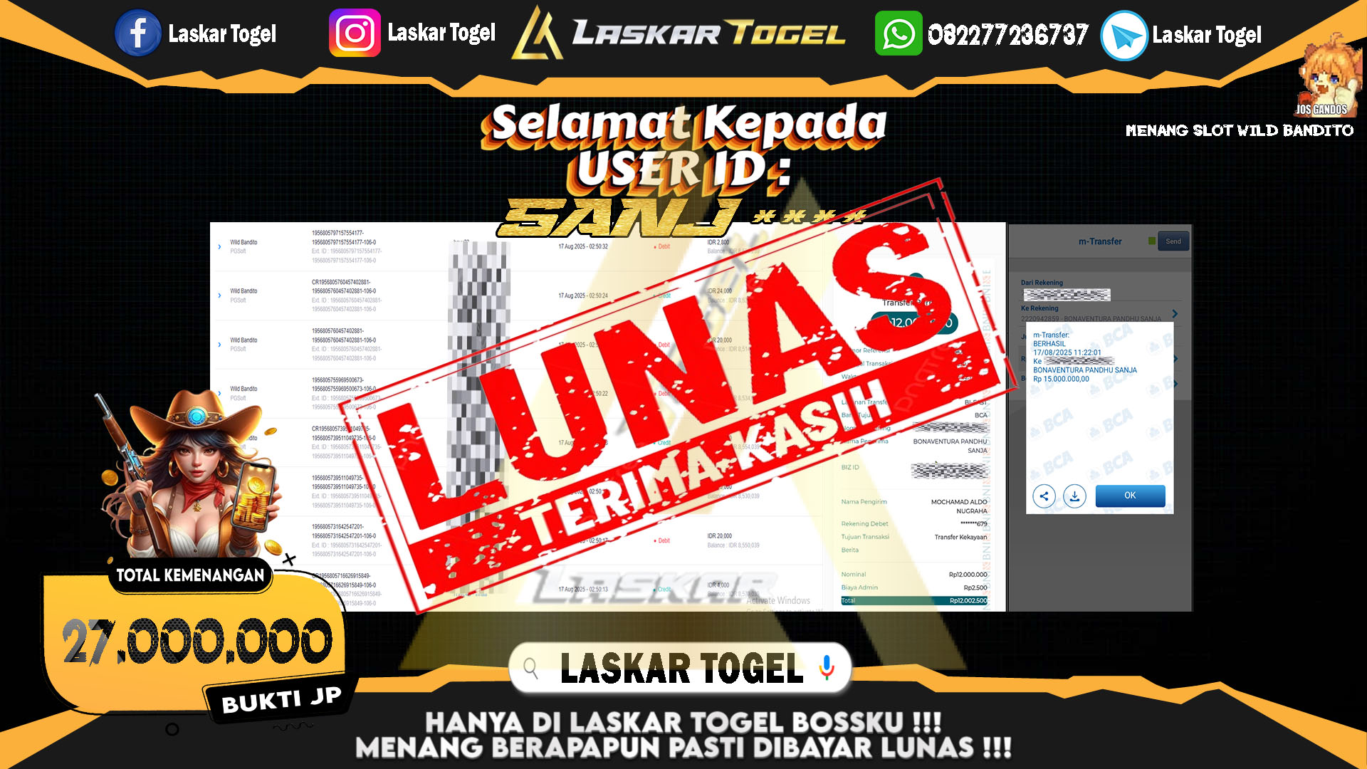 LASKARTOGEL JACKPOT SLOT WILD BANDITO Rp.27.000.000.,- LUNAS
