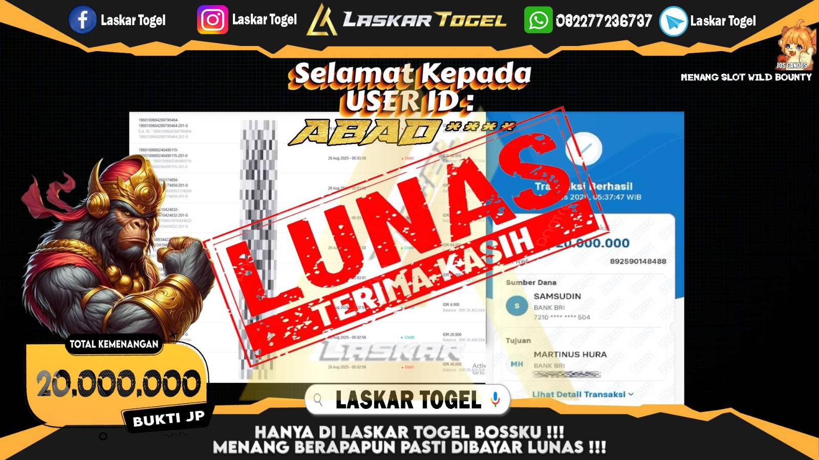 LASKARTOGEL JACKPOT SLOT WILD BANDITO Rp.20.000.000,- LUNAS