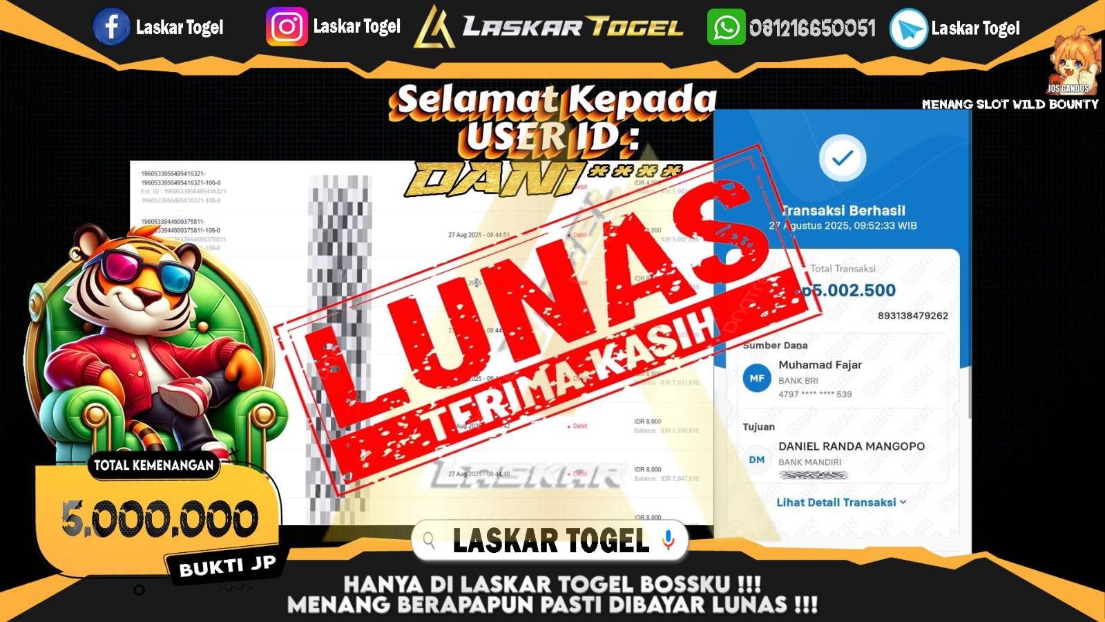LASKARTOGEL JACKPOT SLOT WILD BOUNTY Rp.5.000.000,- LUNAS