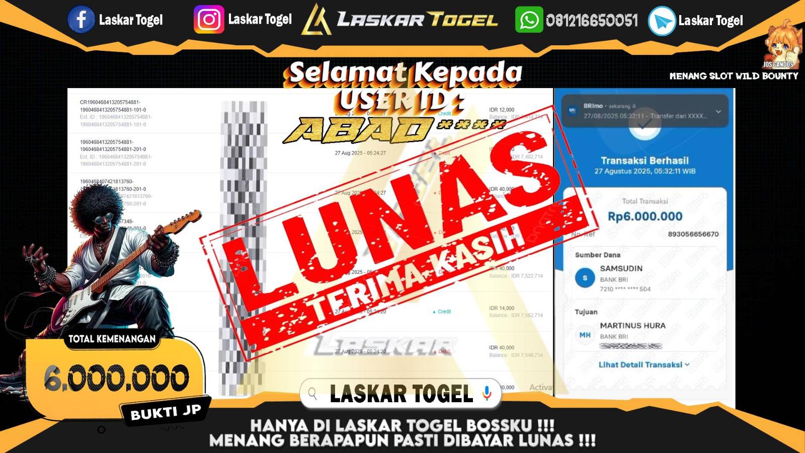LASKARTOGEL JACKPOT SLOT WILD BOUNTY Rp.6.000.000,- LUNAS
