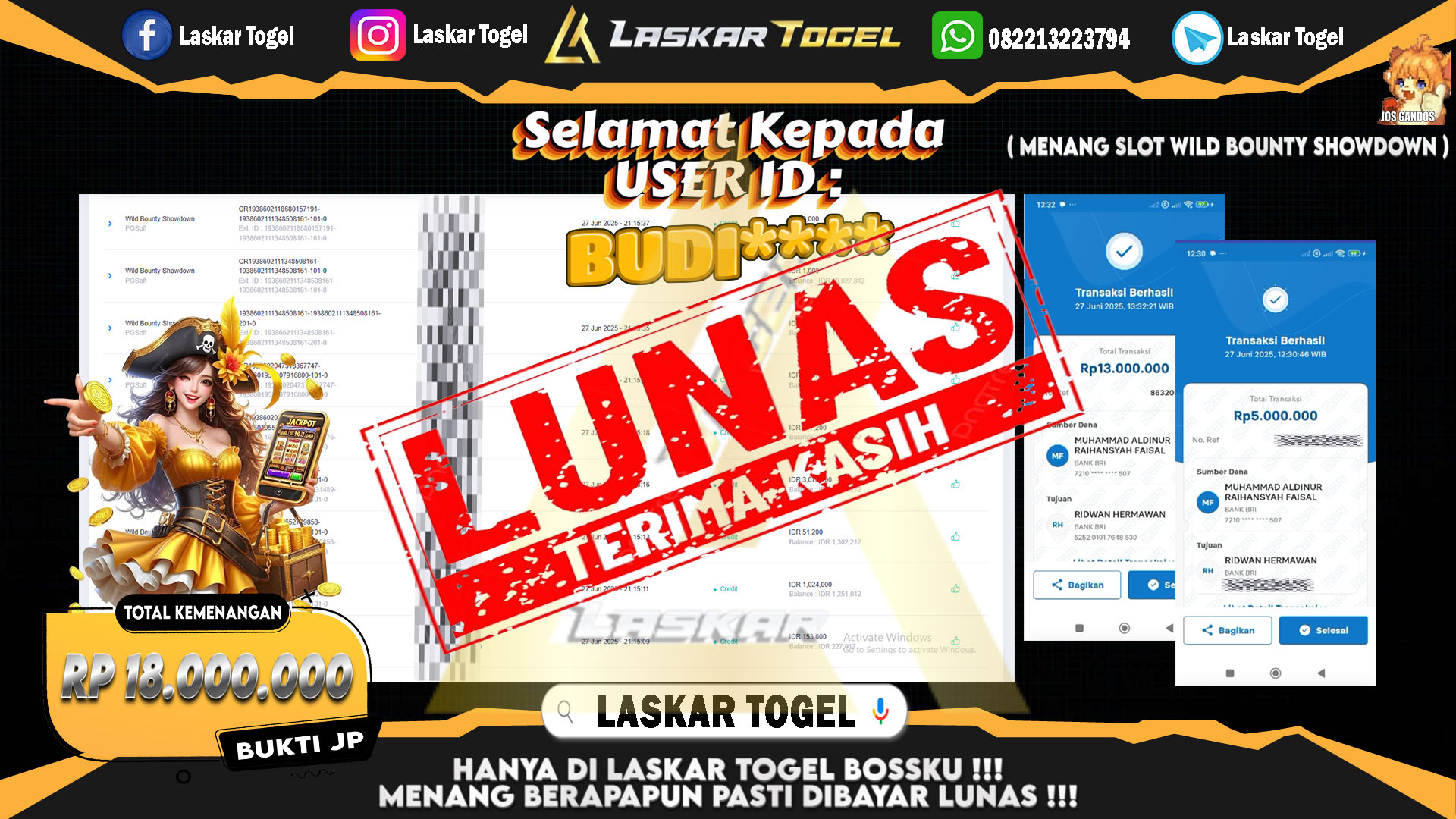 LASKARTOGEL JACKPOT SLOT WILD BOUNTY SHOWDOWN Rp.18.000.000.,- LUNAS