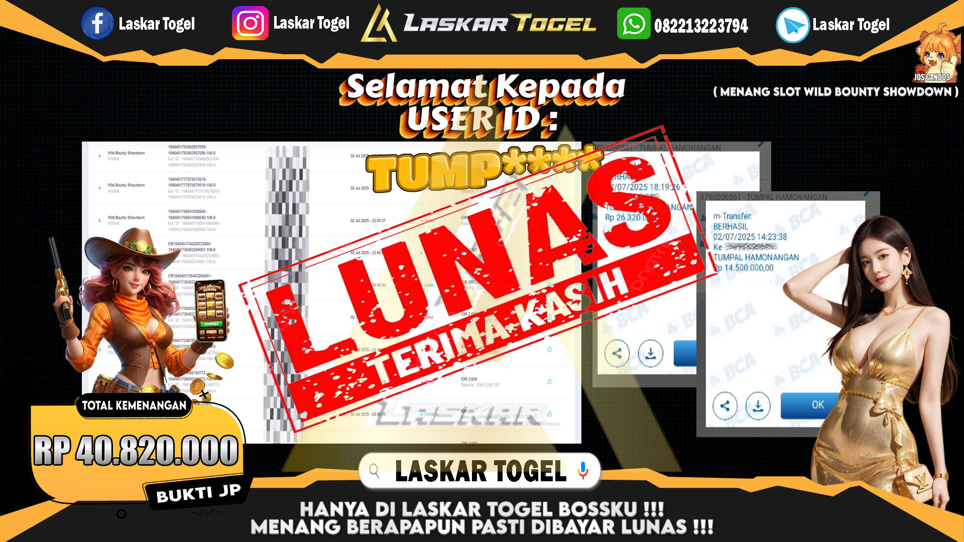LASKARTOGEL JACKPOT SLOT WILD BOUNTY SHOWDOWN Rp.40.820.000.,- LUNAS