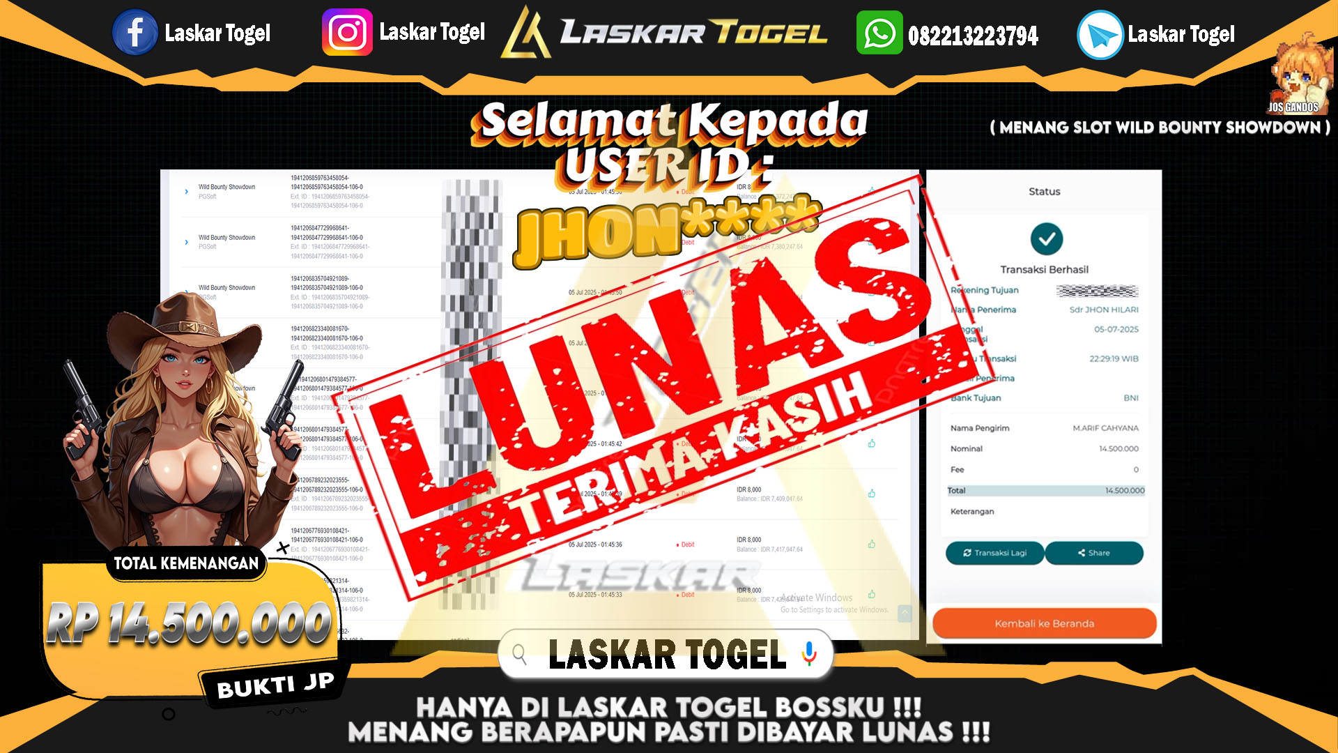 LASKARTOGEL JACKPOT SLOT WILD BOUNTY SHOWDOWN Rp.14.500.000.,- LUNAS