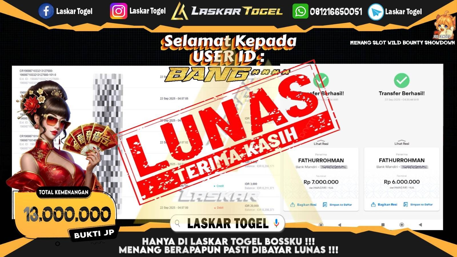 LASKARTOGEL JACKPOT SLOT WILD BOUNTY SHOWDOWN Rp.13.000.000,- LUNAS