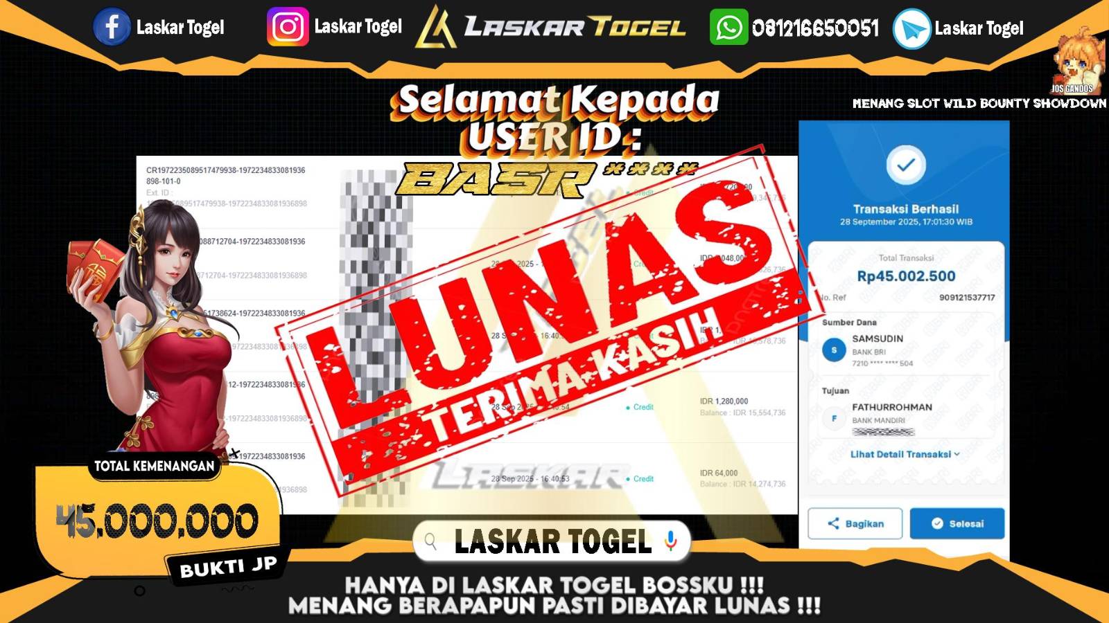 LASKARTOGEL JACKPOT SLOT WILD BOUNTY SHOWDOWN Rp.45.000.000,- LUNAS