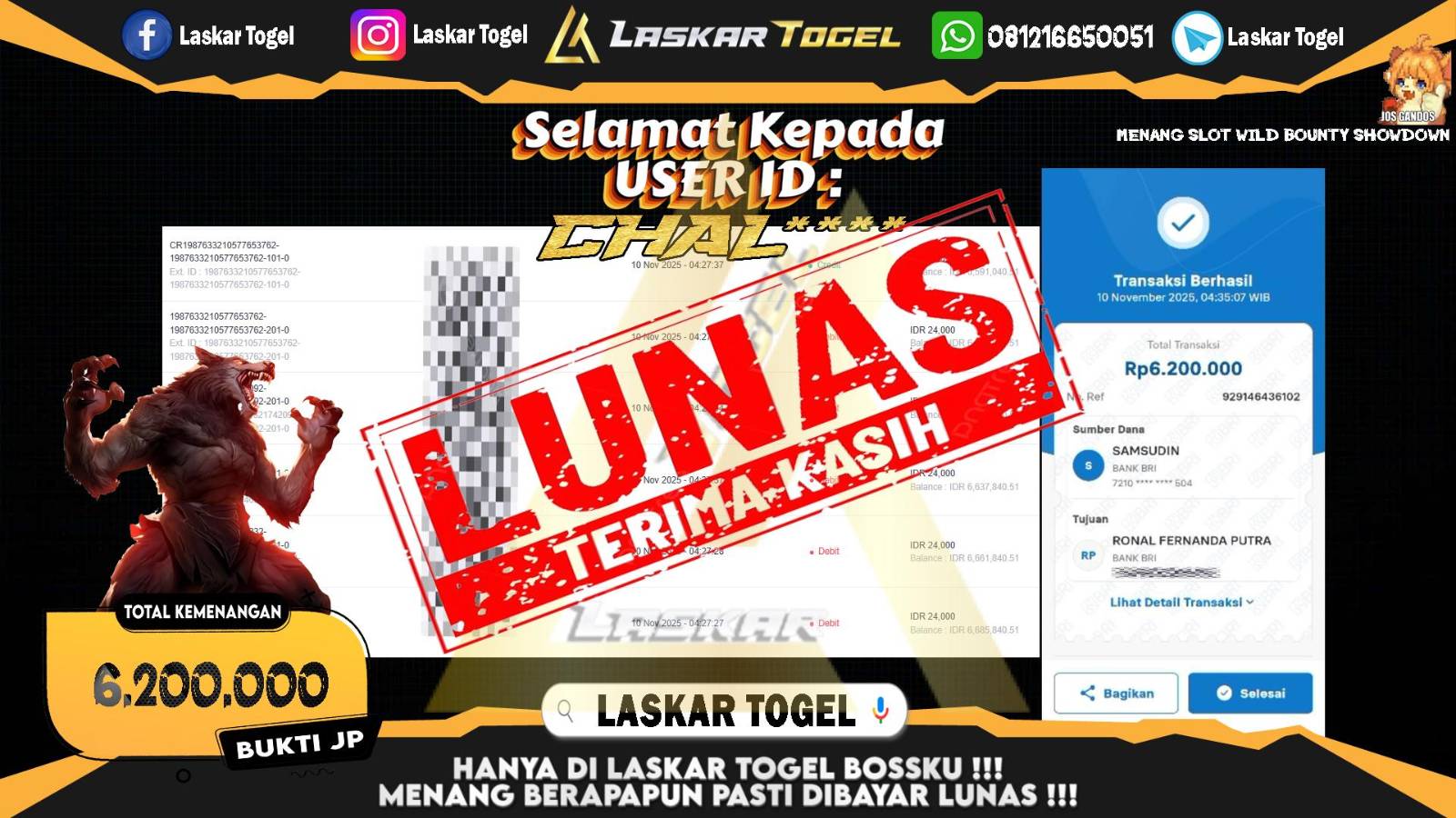 LASKARTOGEL JACKPOT SLOT WILD BOUNTY SHOWDOWN Rp.6.200.000,- LUNAS