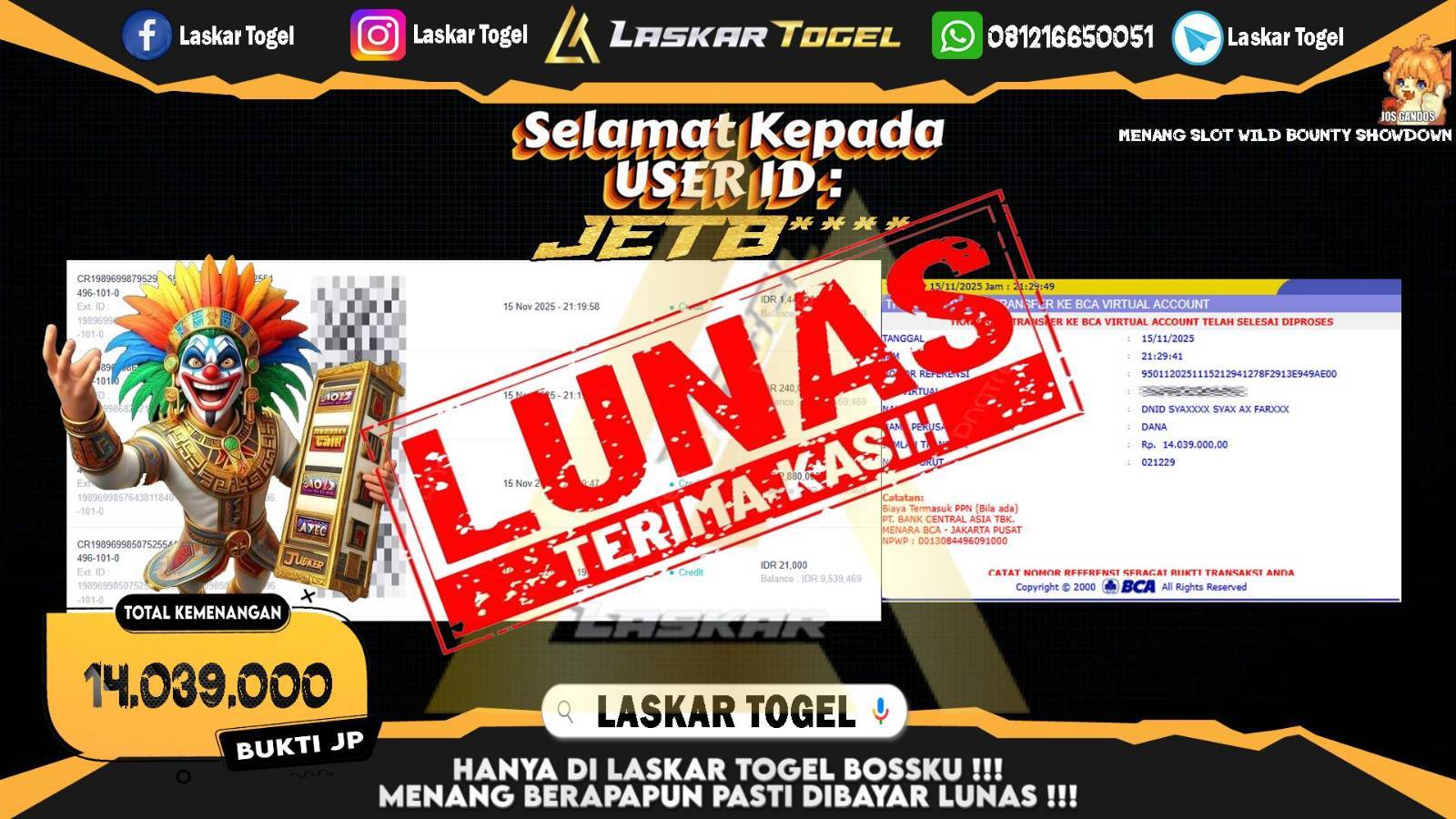 LASKARTOGEL JACKPOT SLOT WILD BOUNTY SHOWDOWN Rp.14.039.000,- LUNAS