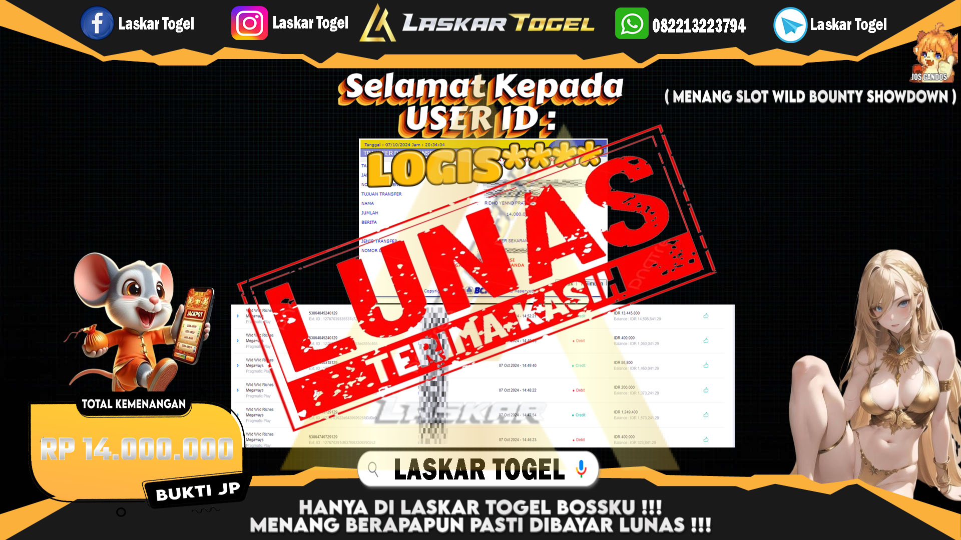 LASKARTOGEL JACKPOT SLOT WILD BOUNTY SHOWDOWN Rp.14.000.000.,- LUNAS