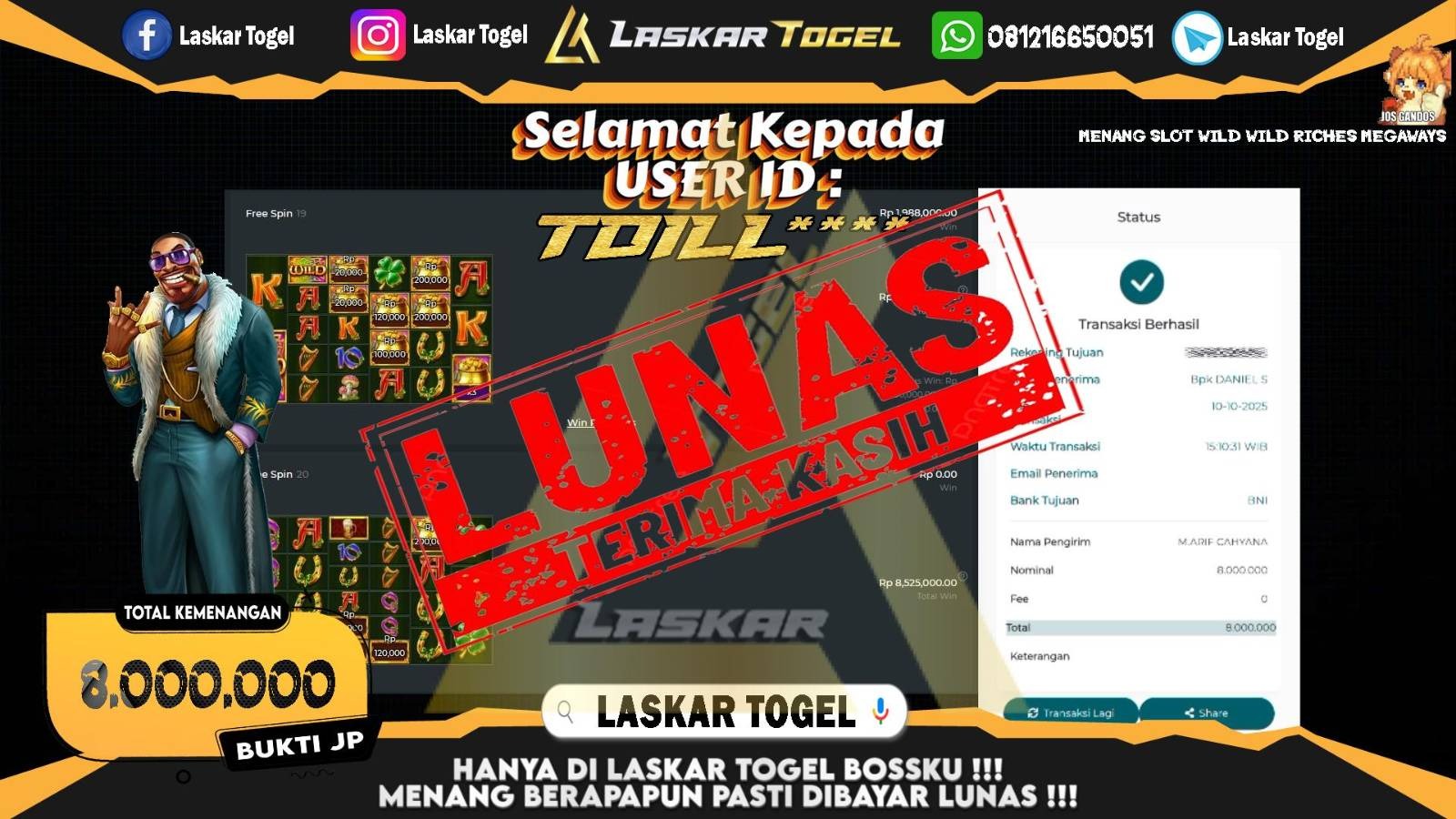 LASKARTOGEL JACKPOT SLOT WILD WILD RICHES MEGAWAYS Rp.8.000.000,- LUNAS