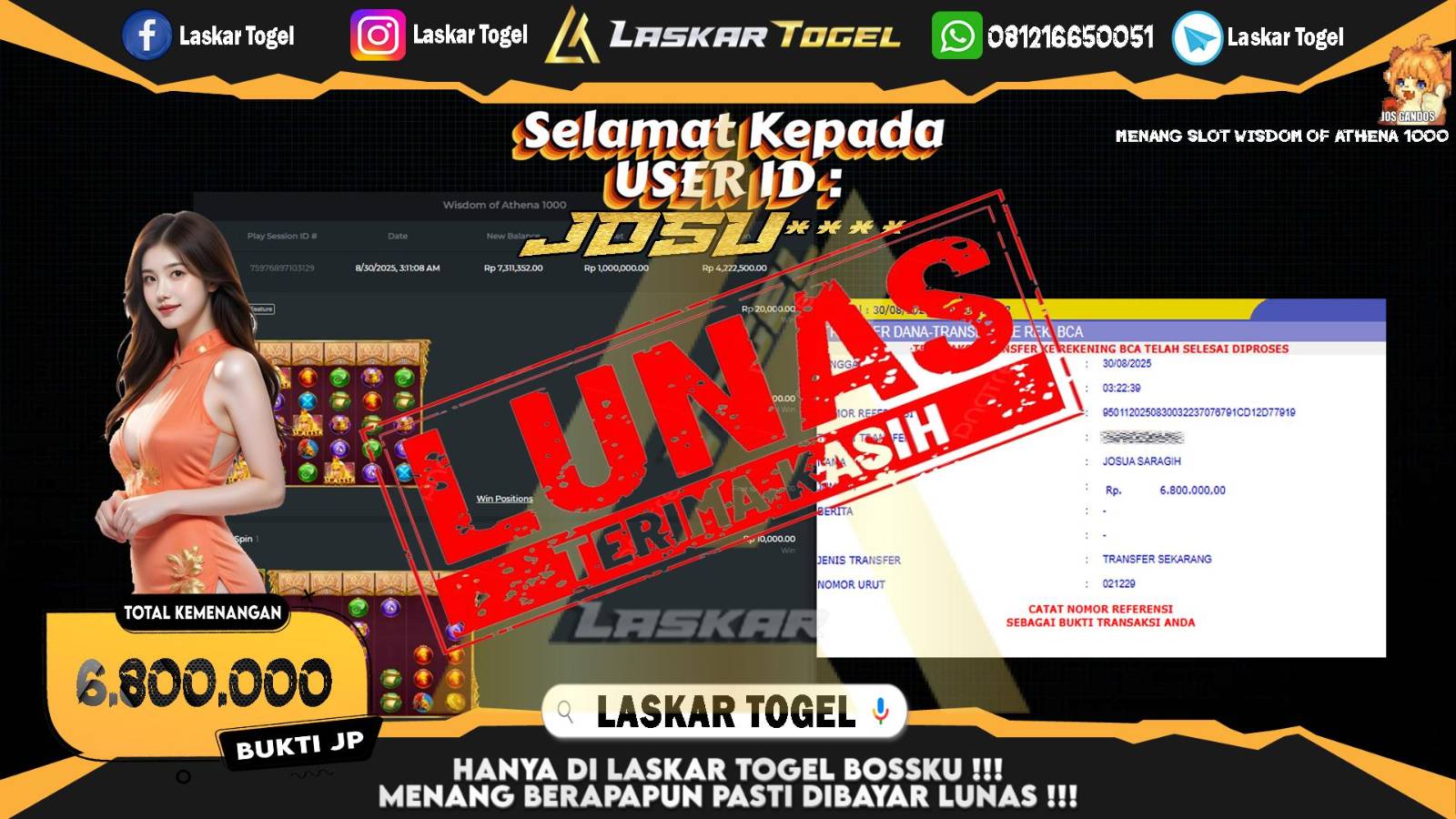 LASKARTOGEL JACKPOT SLOT WISDOM OF ATHENA 1000 Rp.6.800.000,- LUNAS