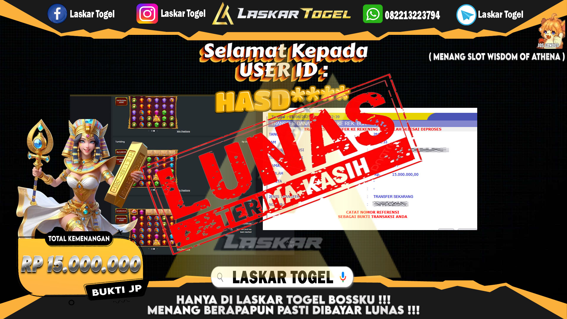 LASKARTOGEL JACKPOT SLOT WISDOM OF ATHENA Rp.15.000.000.,- LUNAS