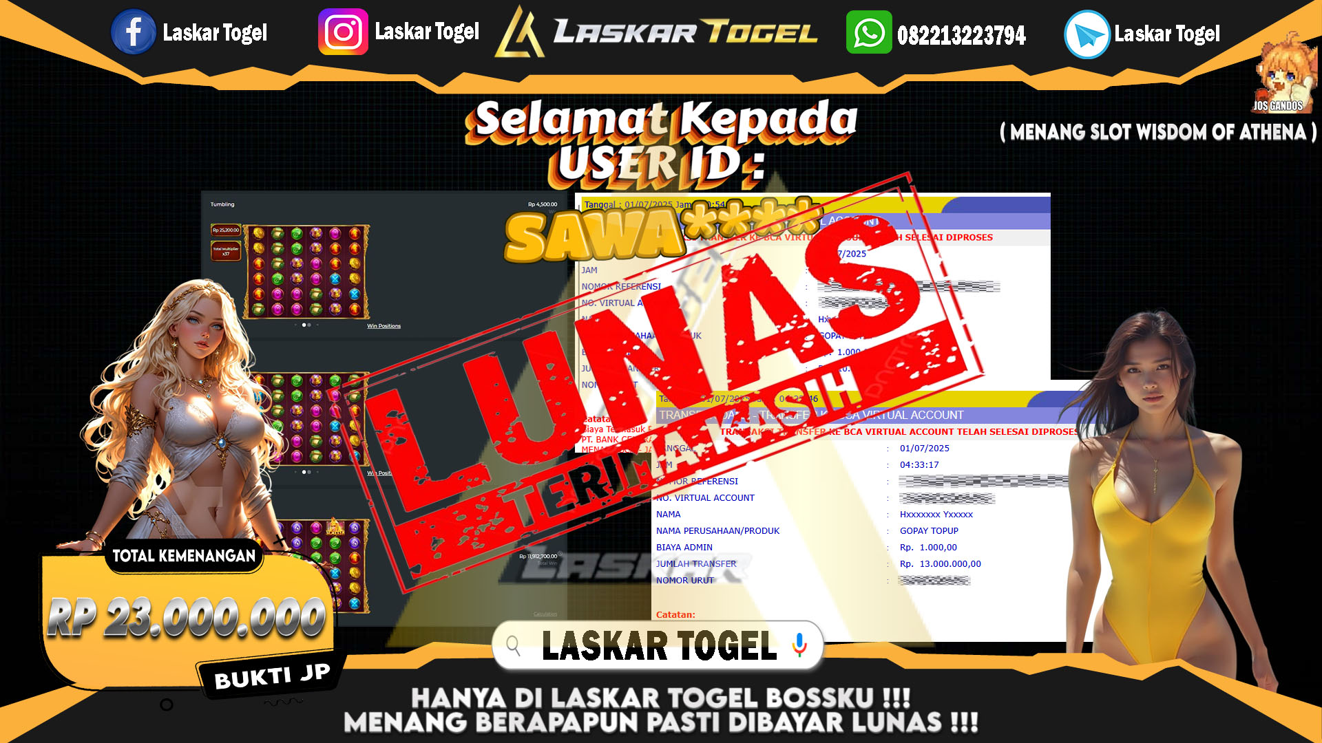 LASKARTOGEL JACKPOT SLOT WISDOM OF ATHENA Rp.23.000.000.,- LUNAS