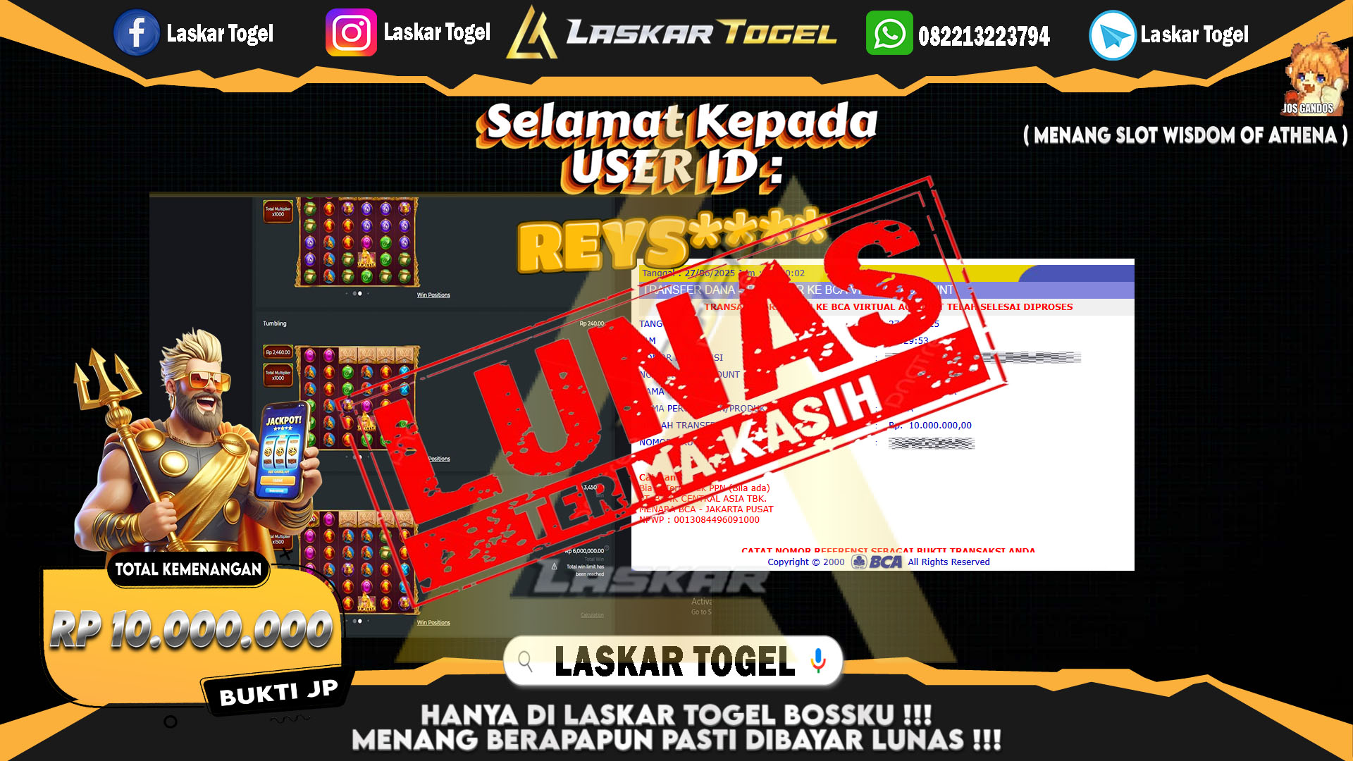 LASKARTOGEL JACKPOT SLOT WISDOWM OF ATHENA Rp.10.000.000.,- LUNAS