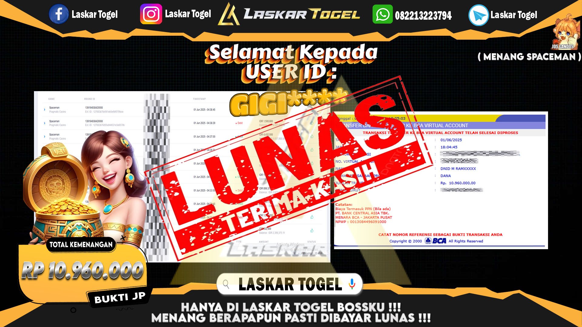 LASKARTOGEL JACKPOT SPACEMAN Rp.10.960.000.,- LUNAS