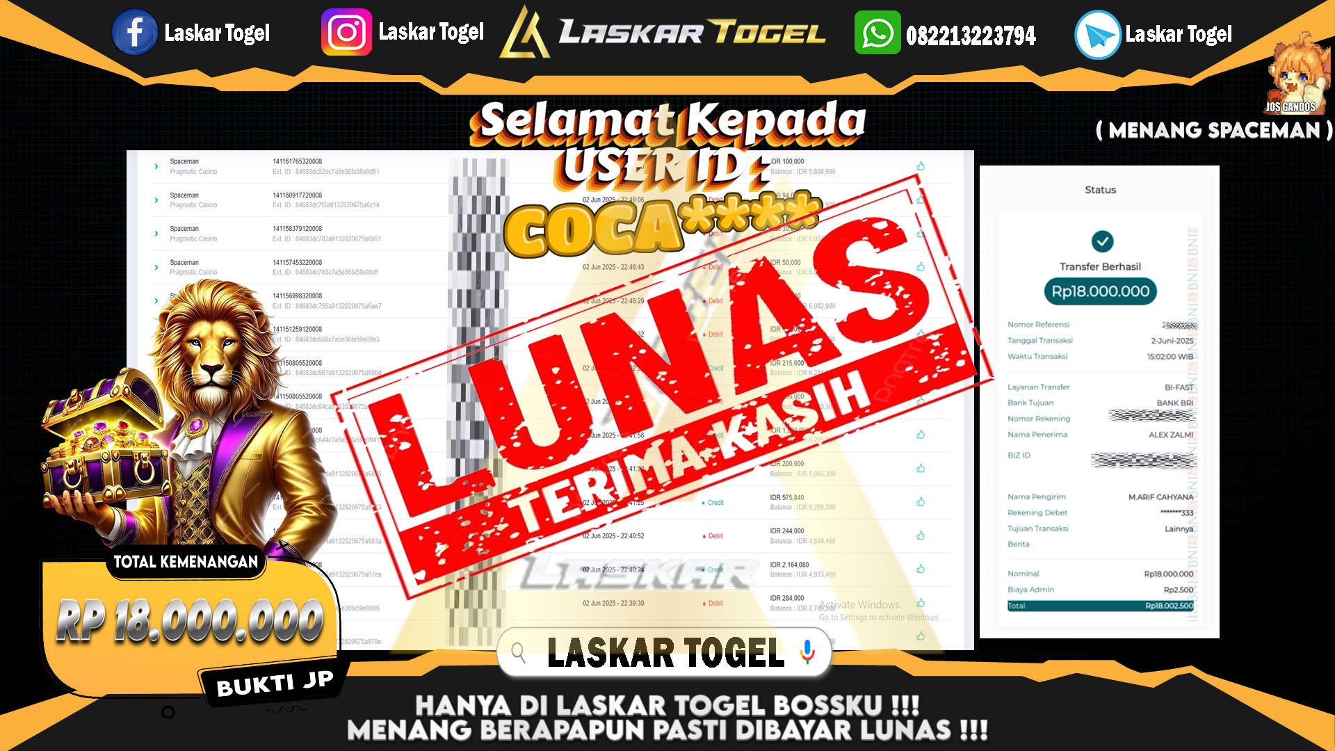 LASKARTOGEL JACKPOT SPACEMAN Rp.18.000.000.,- LUNAS