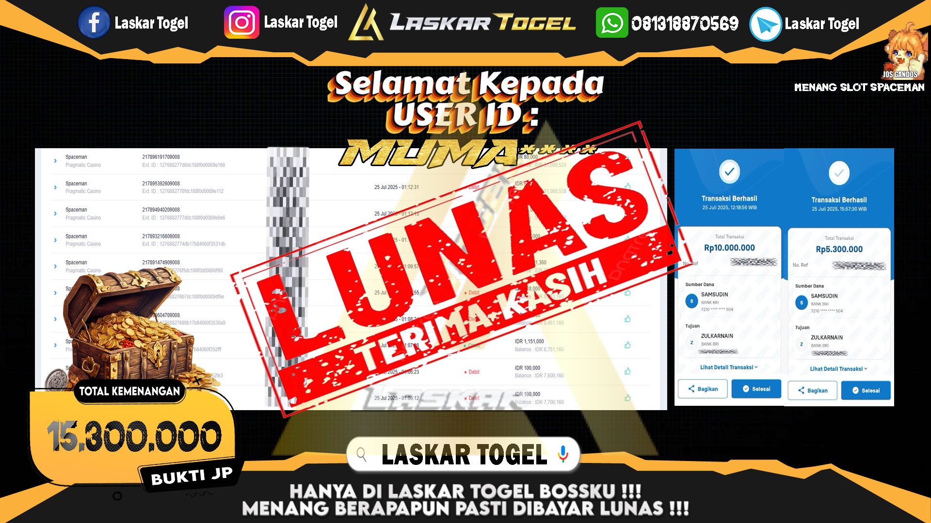 LASKARTOGEL JACKPOT SPACEMAN Rp.15.300.000.,- LUNAS
