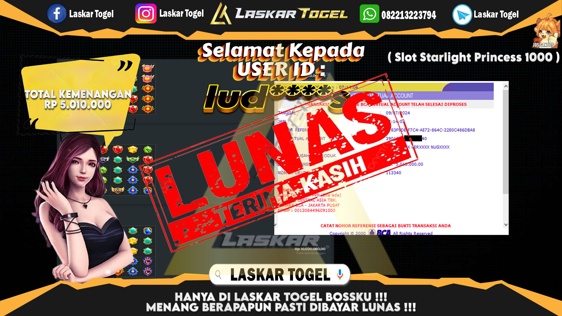 LASKARTOGEL JACKPOT  SLOT STARLIGHT PRINCESS 1000 Rp.5.010.000.,- LUNAS