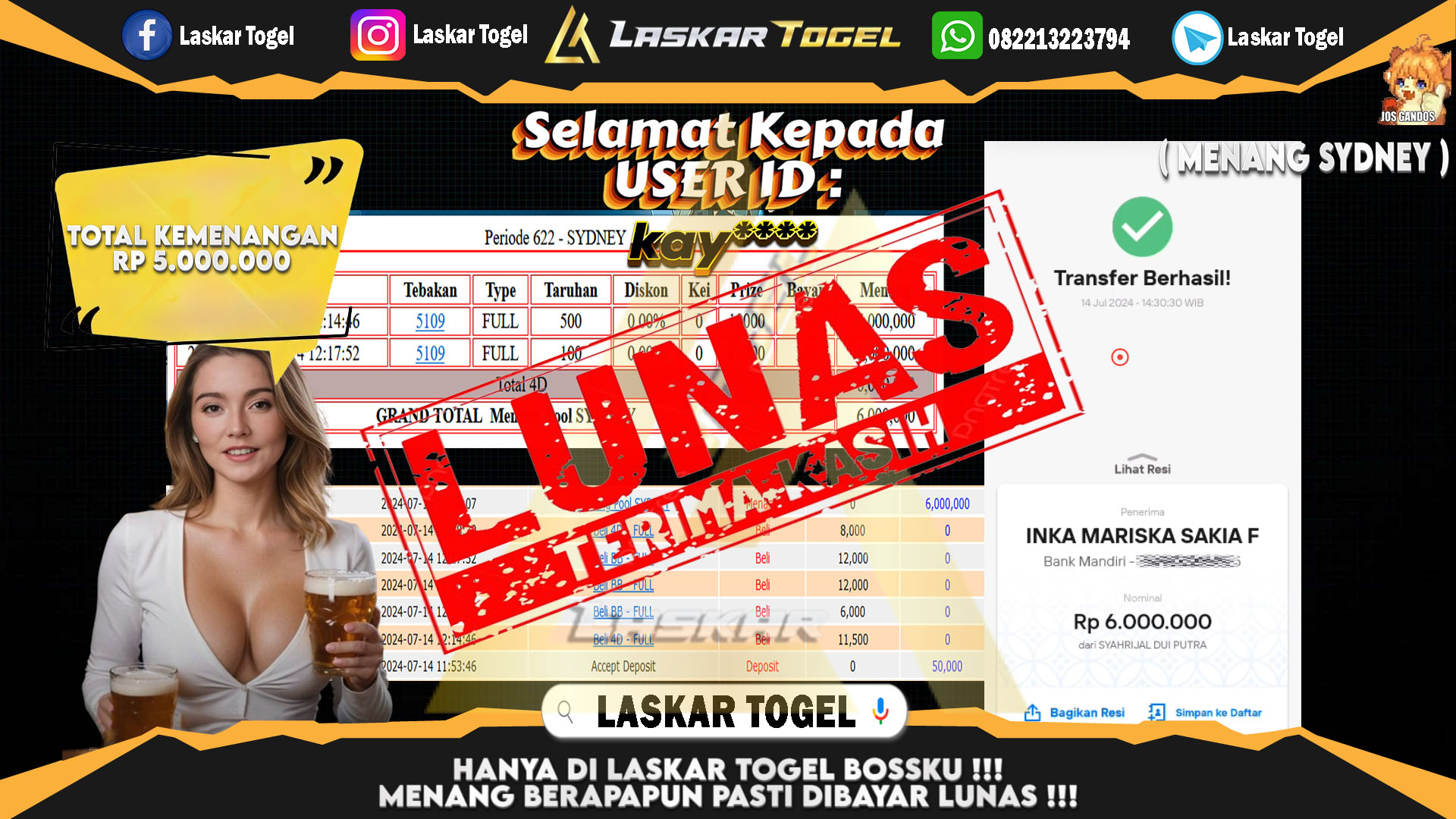 LASKARTOGEL JACKPOT  TOGEL SYDNEY Rp.5.000.000.,- LUNAS